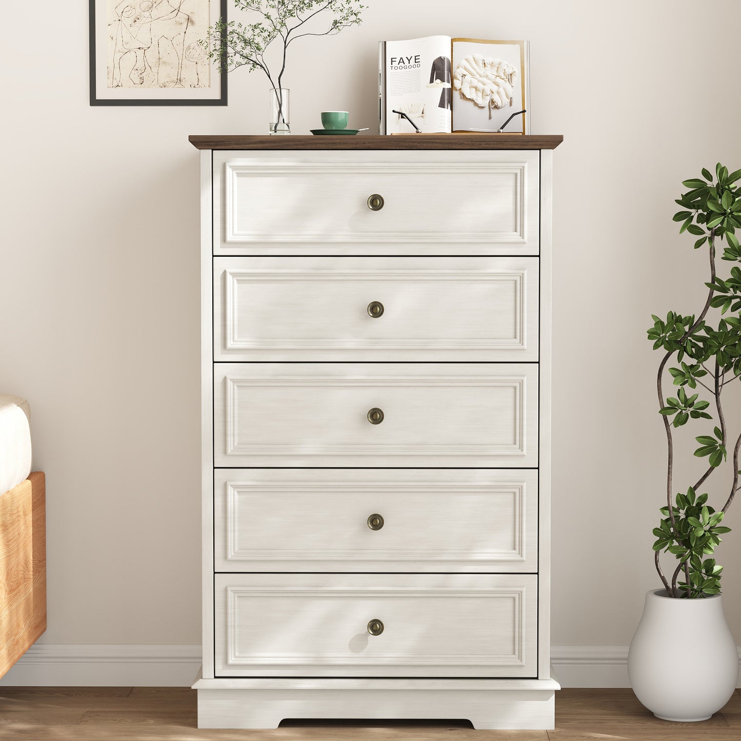 5 Drawer Dresser, Wood Chest of Drawers for Bedroom, Retro Storage Cabinet Dresser Organizer Unit with Antique Bronze Round Handles for Living Room, Closet, Hallway, Entryway