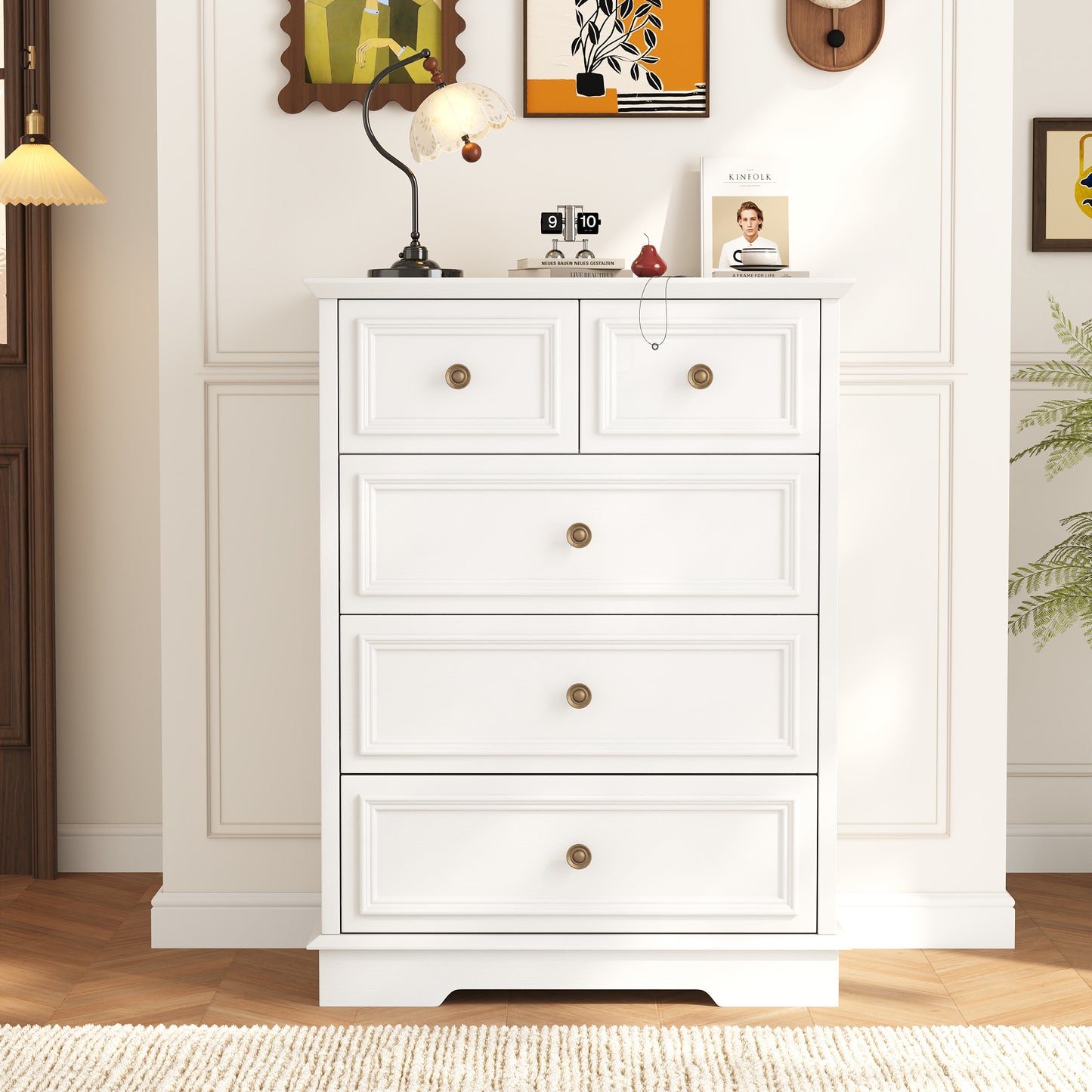 5 Drawer Dresser for Bedroom, Retro Style Chest of Drawers, 26.7"×15.7"×35.8" Wood Storage Dresser with Deep Drawers for Living Room, Hallway, Entryway, White
