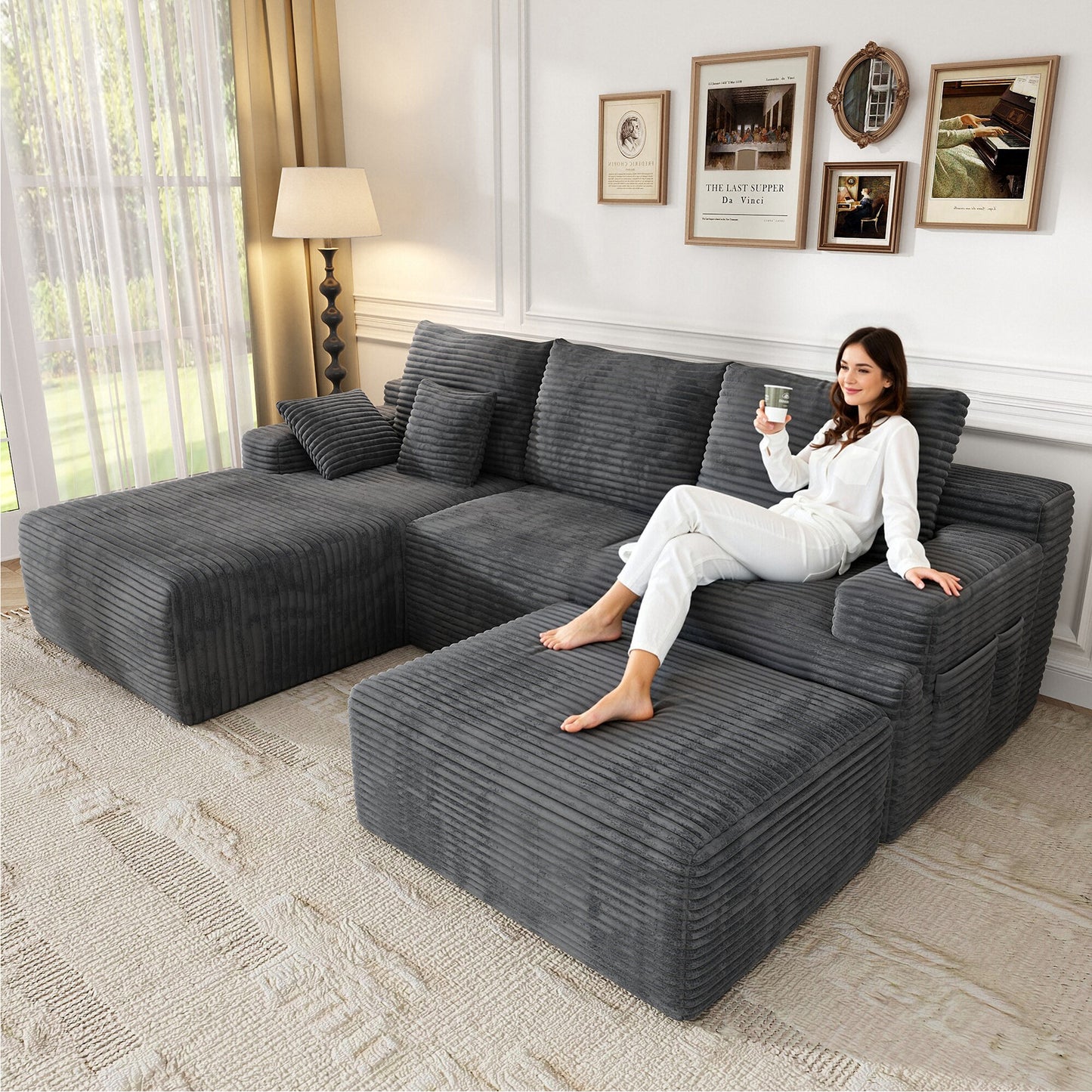 Oversized Sofa Ottoman Footrest, Matching Cushion for L-Shaped Sofa to Create U-Shaped Sectional , Large Seat Stool, High Resilience Foam & Corduroy Fabric, for Living Room Bedroom, (Charcoal)
