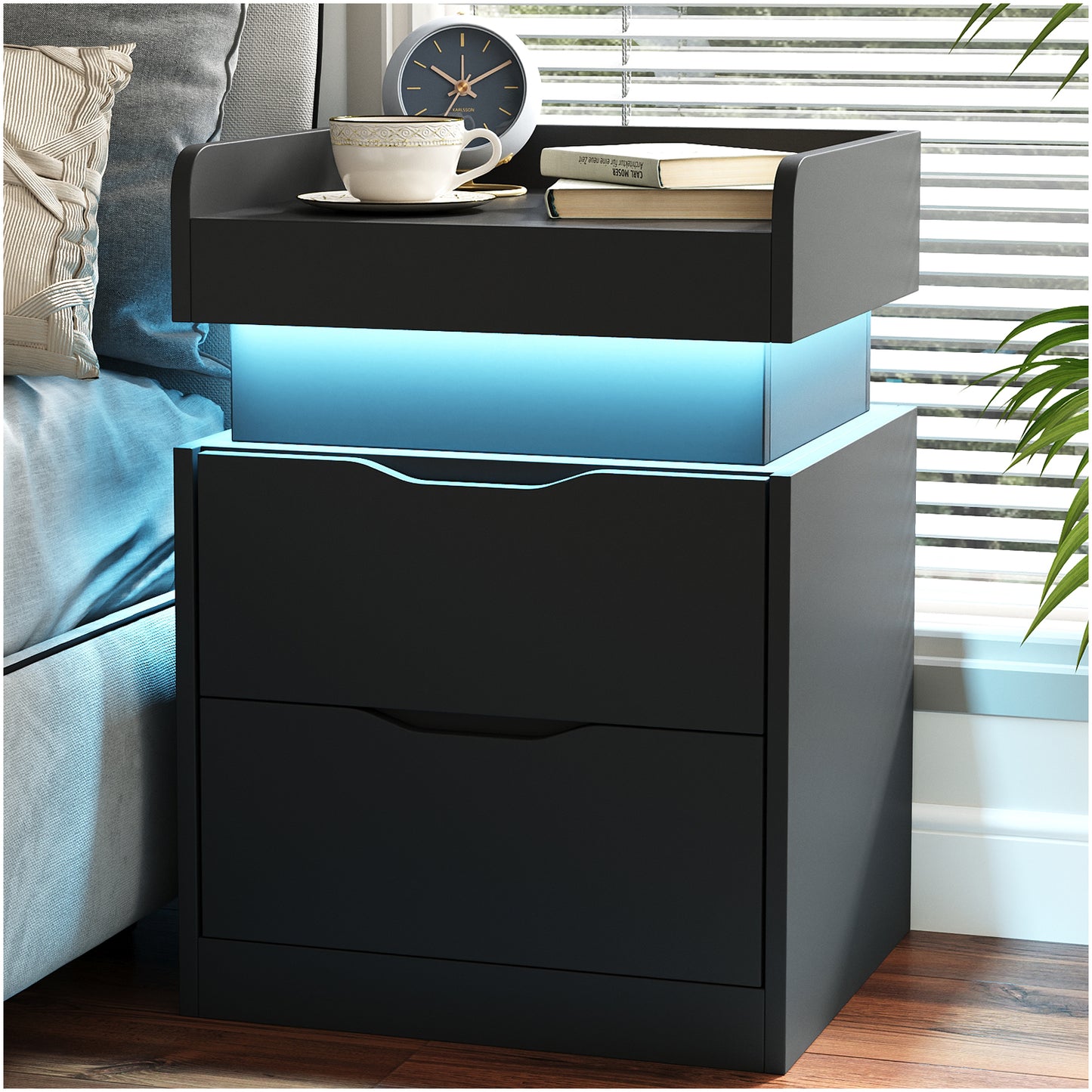 NEGYLIM Bedside Table, Modern Style, with 3 Drawers, Large Capacity, Multi-Color LED Lights & Charging Station, Bedroom Side Table