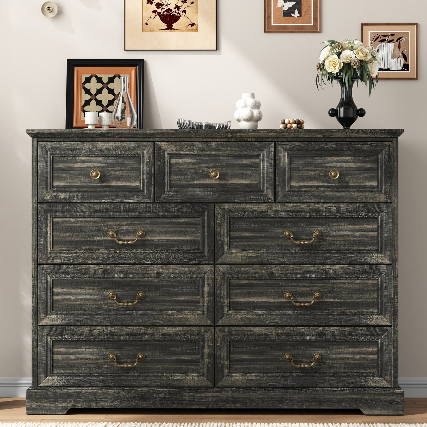 NEGYLIM 9 Drawers Dresser for Bedroom Dressers & Chest of Drawers with Vintage Handles,Long Wooden Dresser for Living Room,Hallway,Study(Dark Rustic Oak)