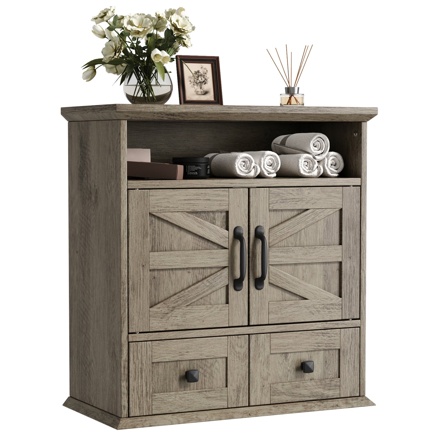 NEGYLIM Wall-Mounted Bathroom Cabinet with Barn Doors, Adjustable Shelf, 2 Drawers, Rustic Modern Style Storage Organizer for Toilet, Bathroom, Laundry Room