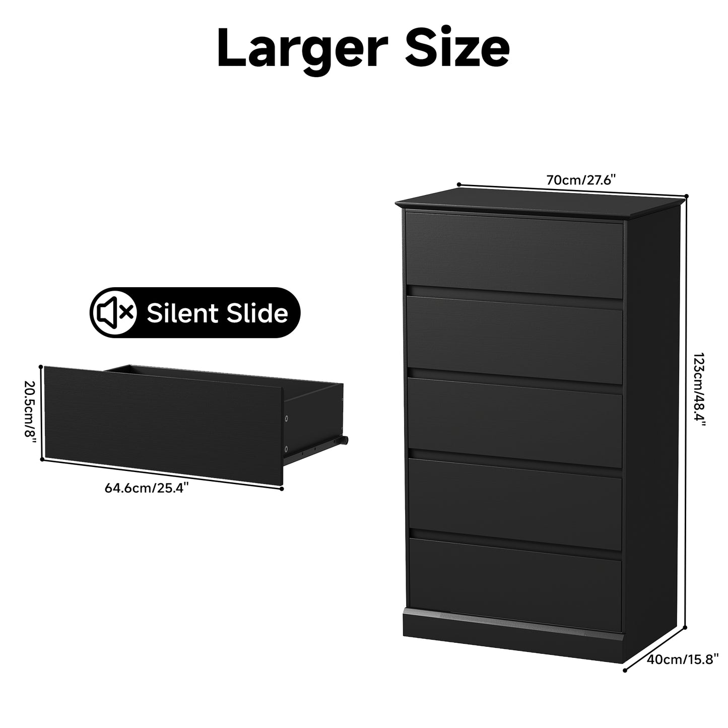 5 Drawer Dresser for Bedroom, 15.8" D x 27.6" W x 48.4" H in Simply Modern Chest of Drawers, Wood Storage Dresser with Deep Drawers for Living Room Hallway Entryway, Black