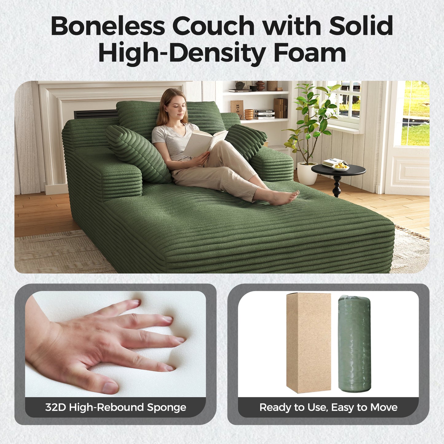 67'' Oversized Chaise Lounge Chair, Cloud Plush Corduroy Sofa Bed for Living Room, Modern Deep Seat Sleeper Couch with Back Cushion, No Assembly Required, (Sage Green)