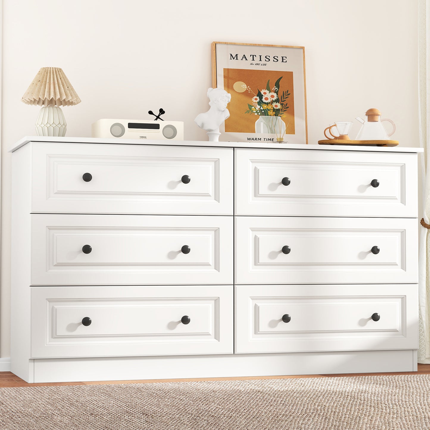 NEGYLIM 6-Drawer White Dresser, 47-inch Wide Chest for Bedroom Storage, Farmhouse Style with Anti-Tip Safety