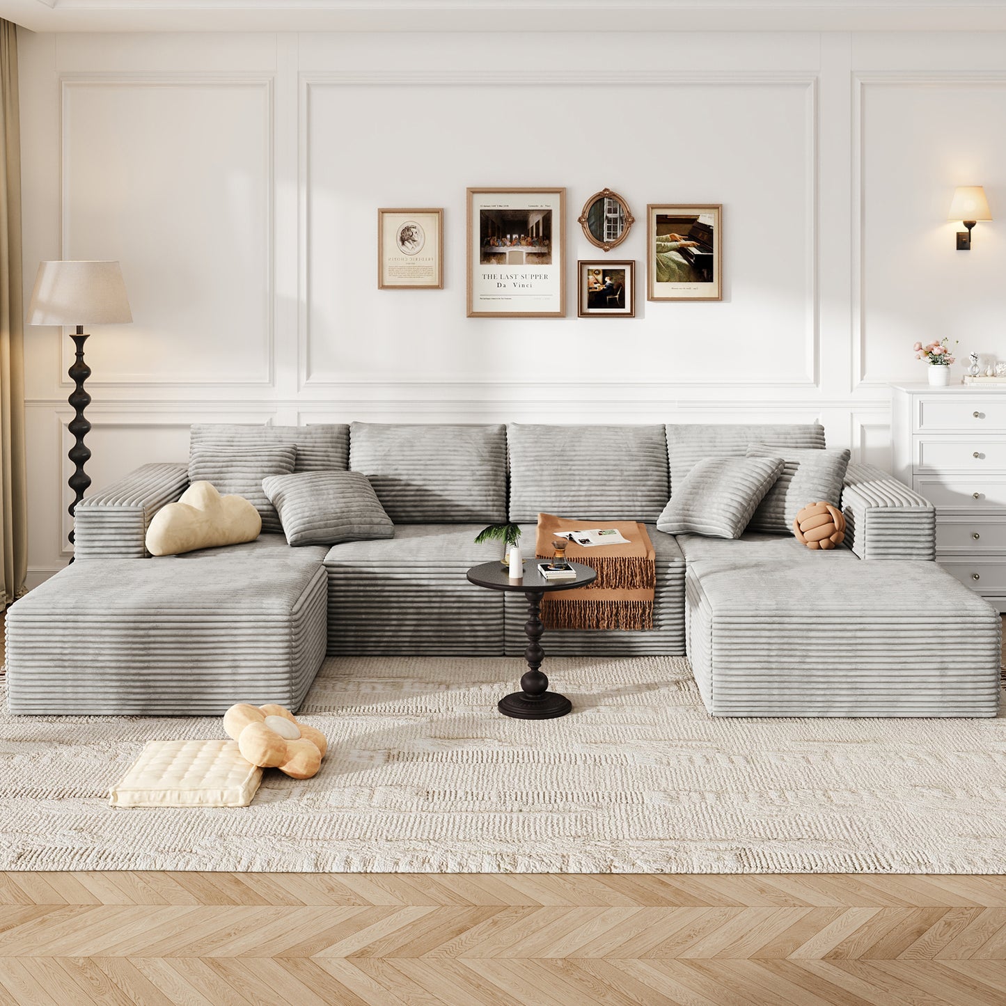 137 inch U-Shaped Sectional Sofa, Cloud-Like Big Modular Couch with Chaise, No Assembly Required, High Density Foam Never Sags, Soft Corduroy Fabric Sofa for Large Space, (White)