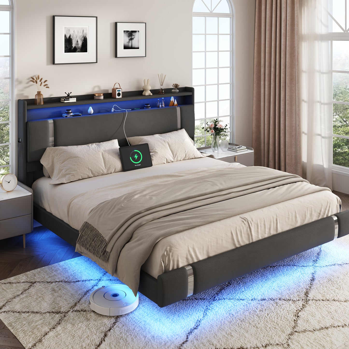 NEGYLIM Floating Bed Frame King Size with LED Lights, Easy to Assemble, Metal Platform Bed with Storage Headboard, No Box Spring Needed, White