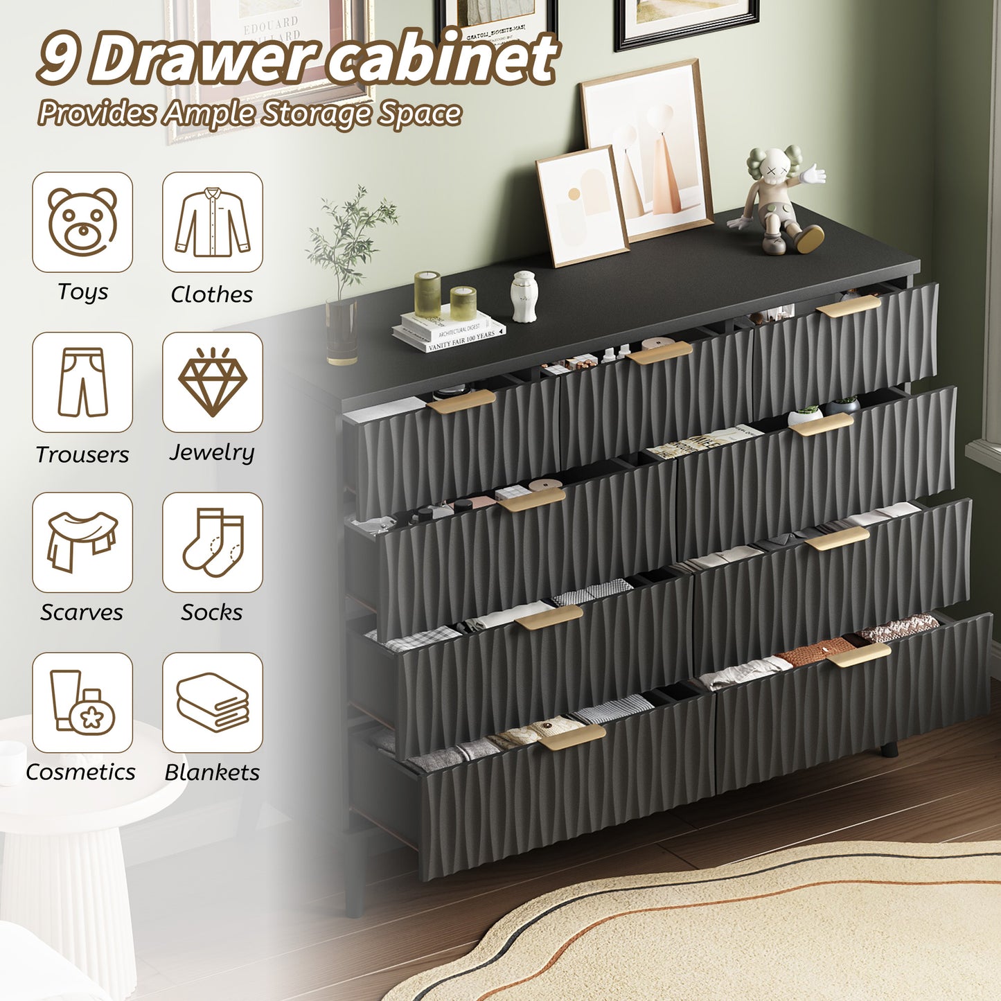 NEGYLIM 47" Wood Dressers with 9 Drawers for Bedroom, Fluted Wood Dresser Chest of Drawers for Bedroom, Storage Cabinet for TV Stand, Living Room, Entryway, Black