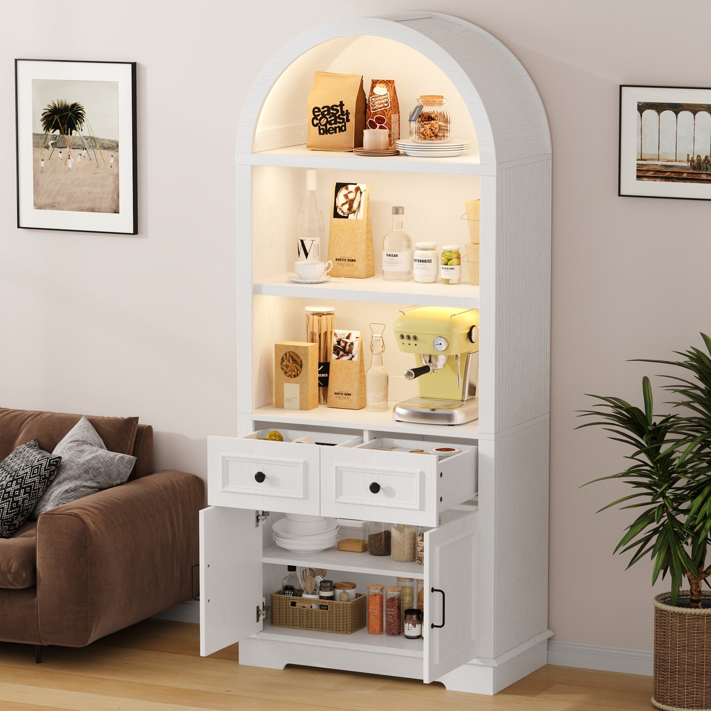 Negylim White Arched Display Coffee Station Cabinet with LED Lights, Freestanding Wooden Storage Unit with Open Shelving, Drawers & Enclosed Cabinet for Kitchen & Living Room Beverage Organizer