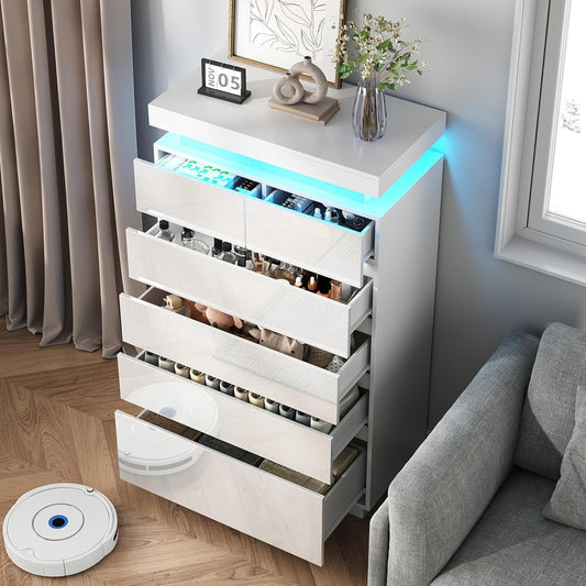 NEGYLIM 6 Drawer White Dresser, High Gloss Dresser with LED Light for Bedroom, Living Room, Hallway, Easy Assembly