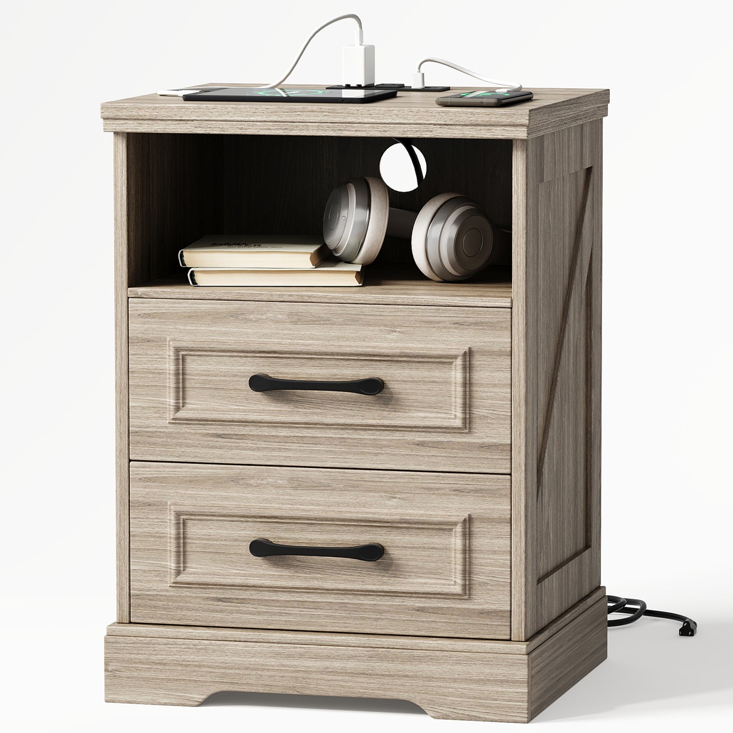 NEGYLIM Nightstand with Drawers for Bedroom, Farmhouse End Table with Charging Station, 2 Drawers Storage for Bedroom, Gray