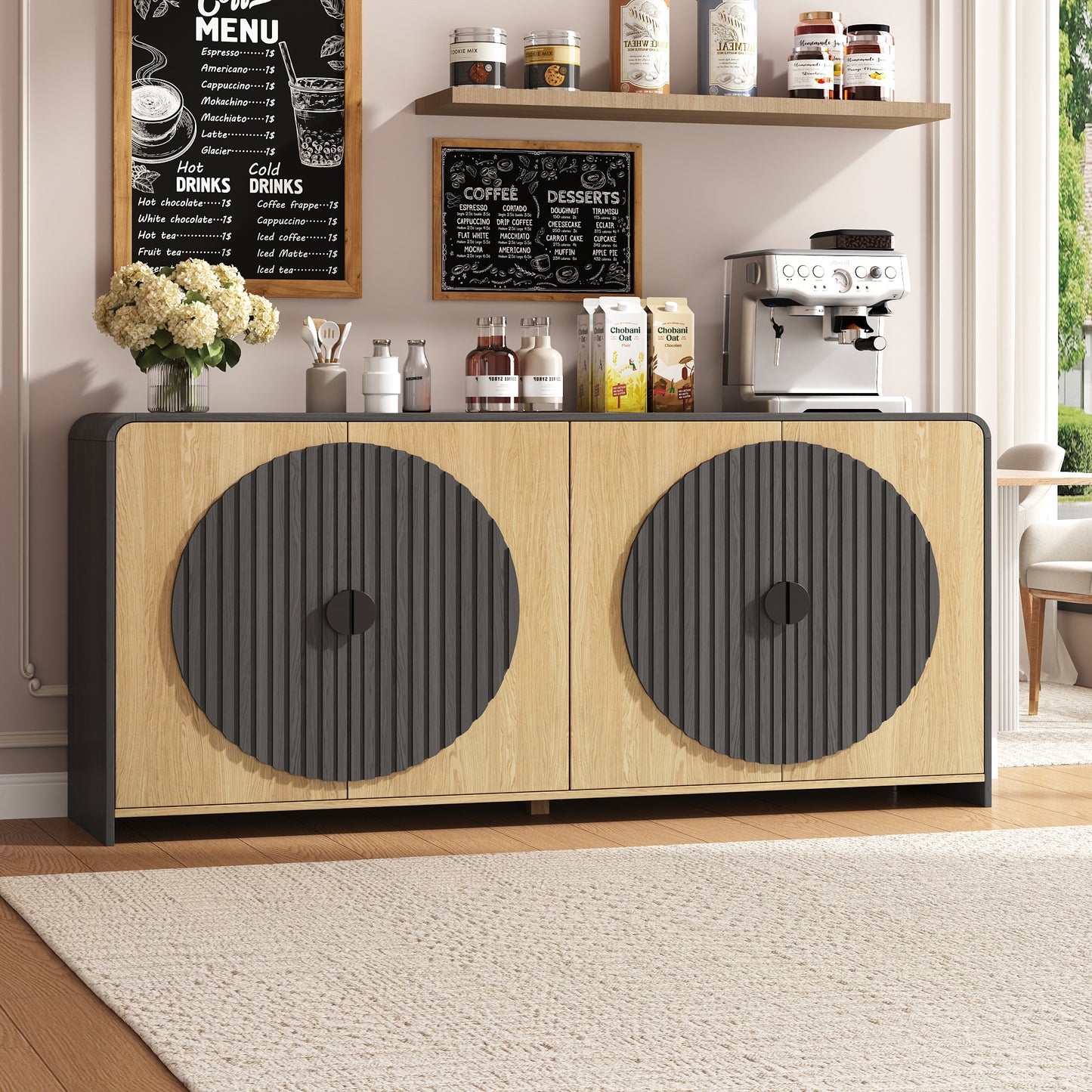 65" Large Sideboard Buffet Cabinet with Adjustable Shelves – Modern Farmhouse Coffee Bar & Dining Room Storage, Solid Wood Kitchen Table with Doors (Black)