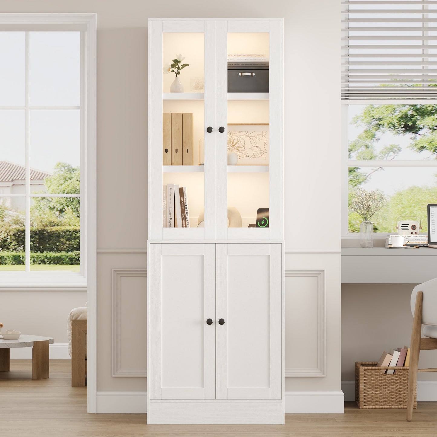 NEGYLIM 71" Bookcase with Glass Door,Display Bookshelves with Charging Station & Adjustable LED Lights,Modern Bookcase for Living Room,Bedroom,Home Office (White B)