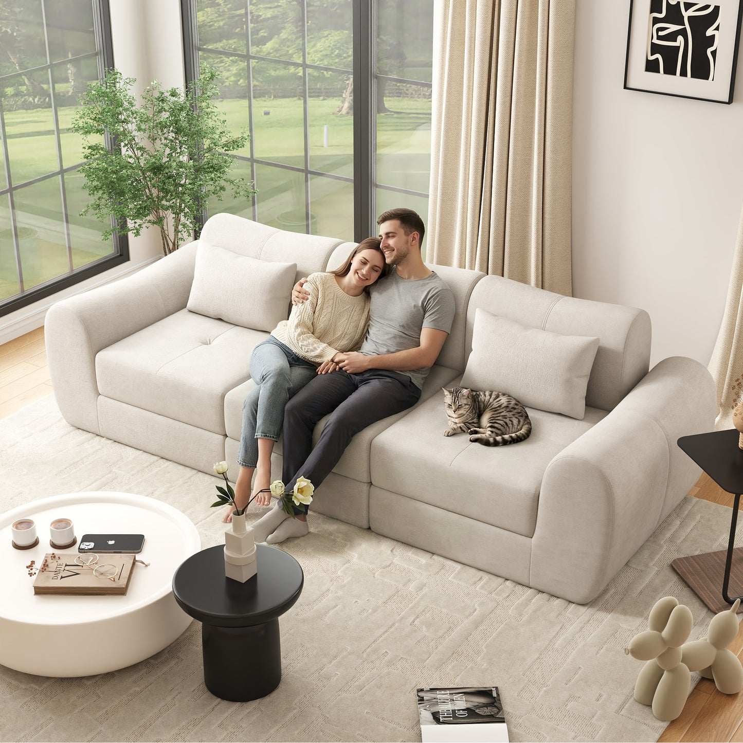 NEGYLIM 102" Modular Sectional Sofa, Chenille Cloud Sofa with Throw Pillows, Oversized Deep Seat Couch, Pet Friendly, No Assembly Required, Beige