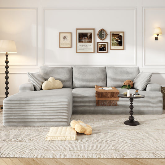 104" Modular L-Shaped Sectional Sofa, No Assembly Required Boneless Sofa with Chaise, High Resilience Foam & Corduroy Fabric, for Living Room Bedroom,(Oyster White)