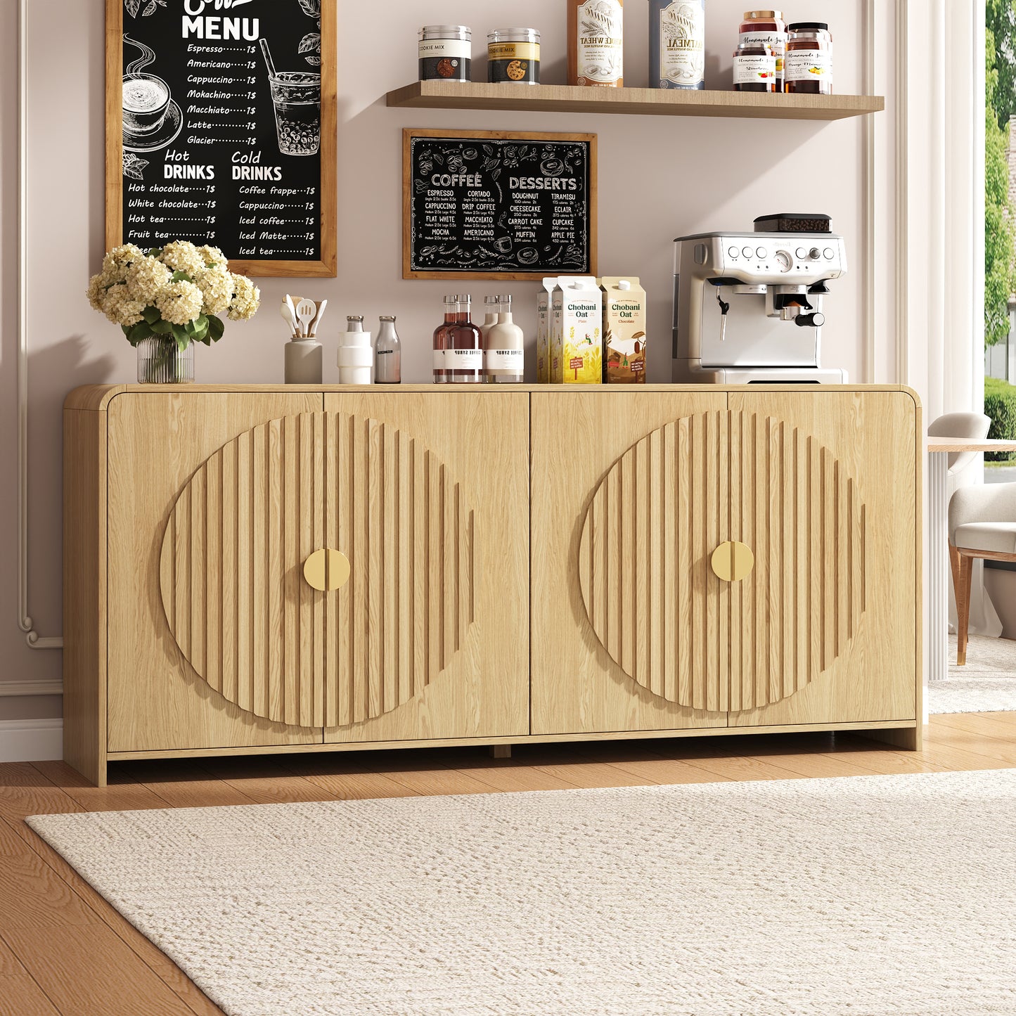 65" Large Sideboard Buffet Cabinet with Adjustable Shelves – Modern Farmhouse Coffee Bar & Dining Room Storage, Solid Wood Kitchen Table with Doors (Natural Finish)