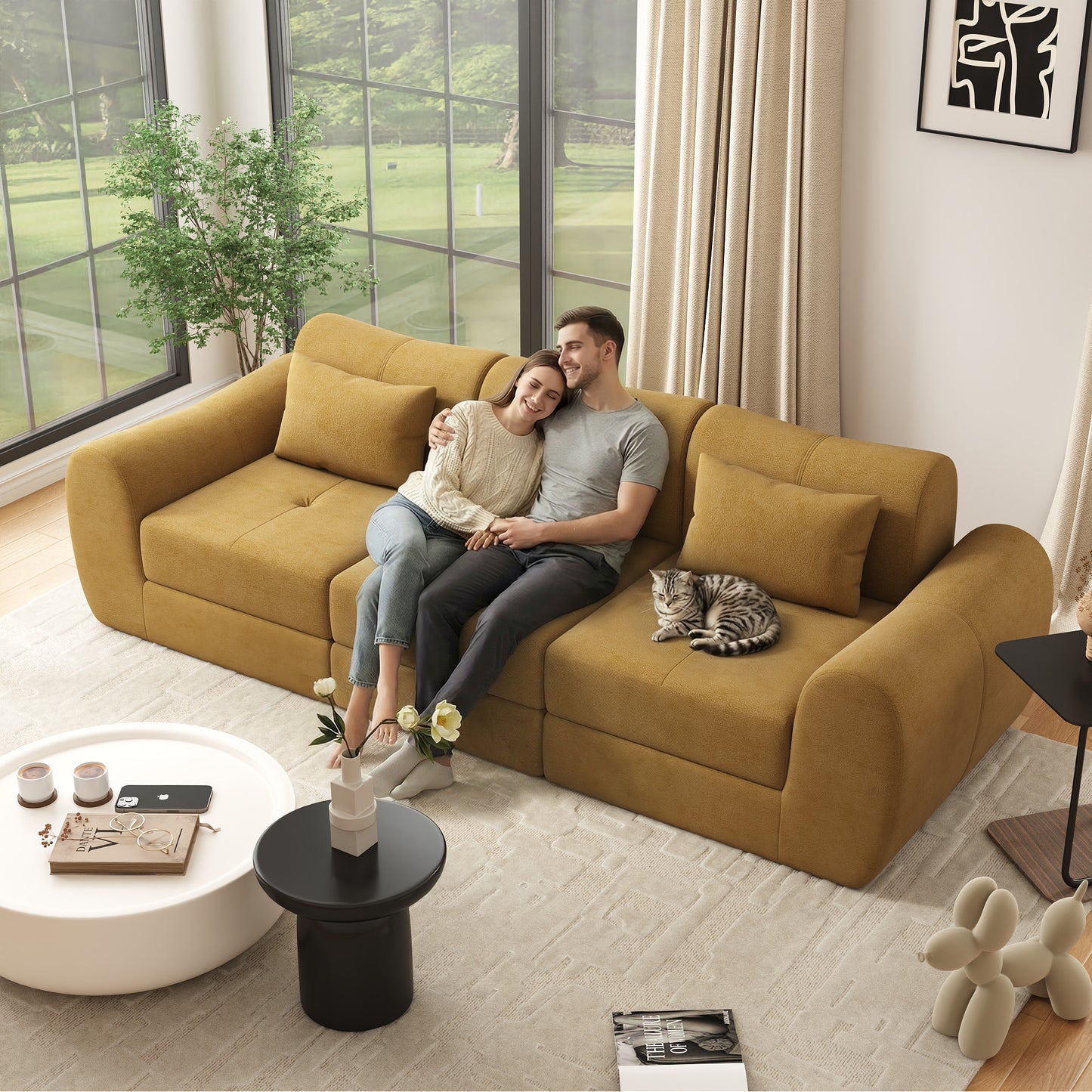 NEGYLIM 102" Modular Sectional Sofa, Chenille Cloud Sofa with Throw Pillows, Oversized Deep Seat Couch, Pet Friendly, No Assembly Required, Mustard Yellow