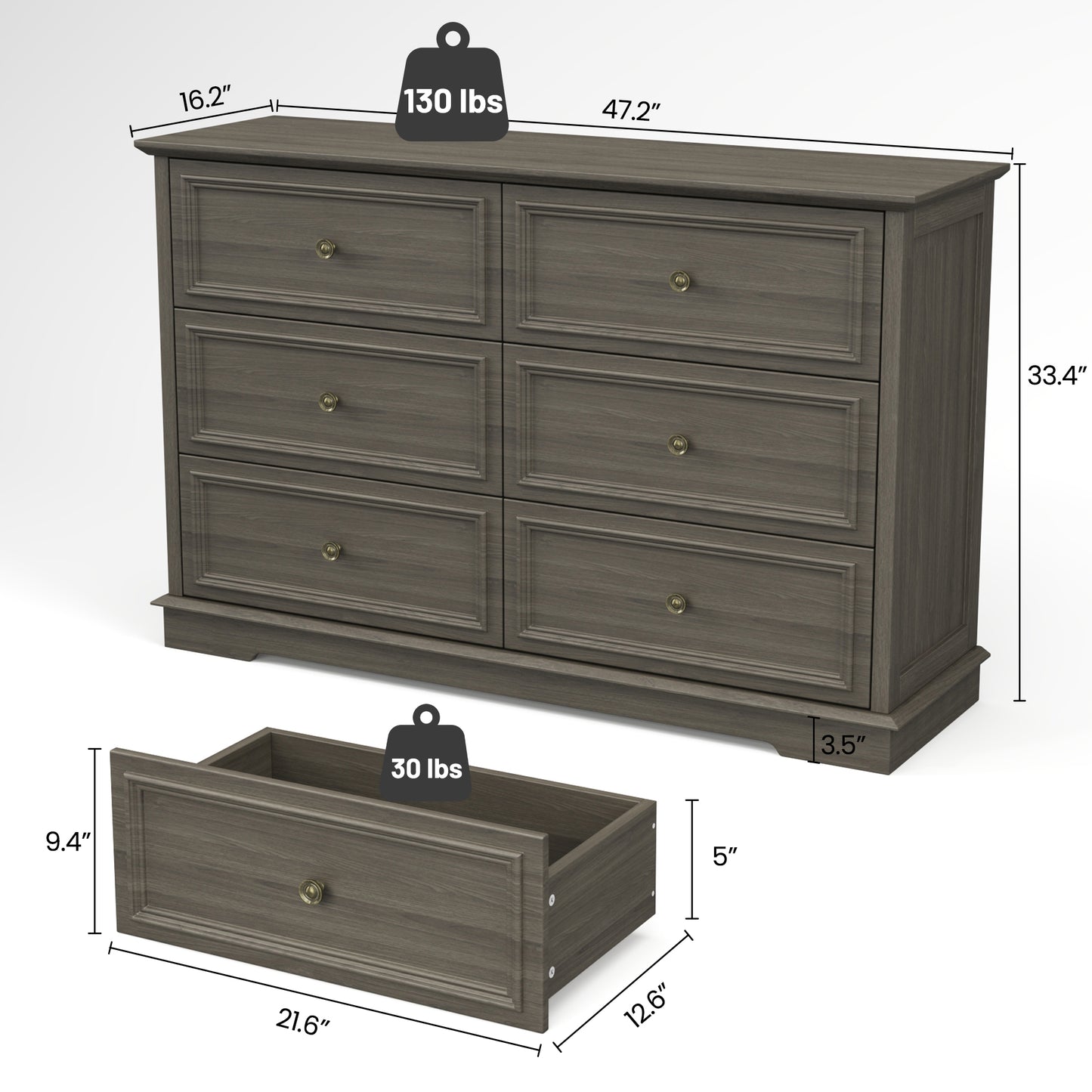 6 Drawer Chest of Drawers, Modern Storage Cabinet Dresser Organizer Unit with Antique Bronze Round Handles for Living Room, Closet, Hallway, Entryway