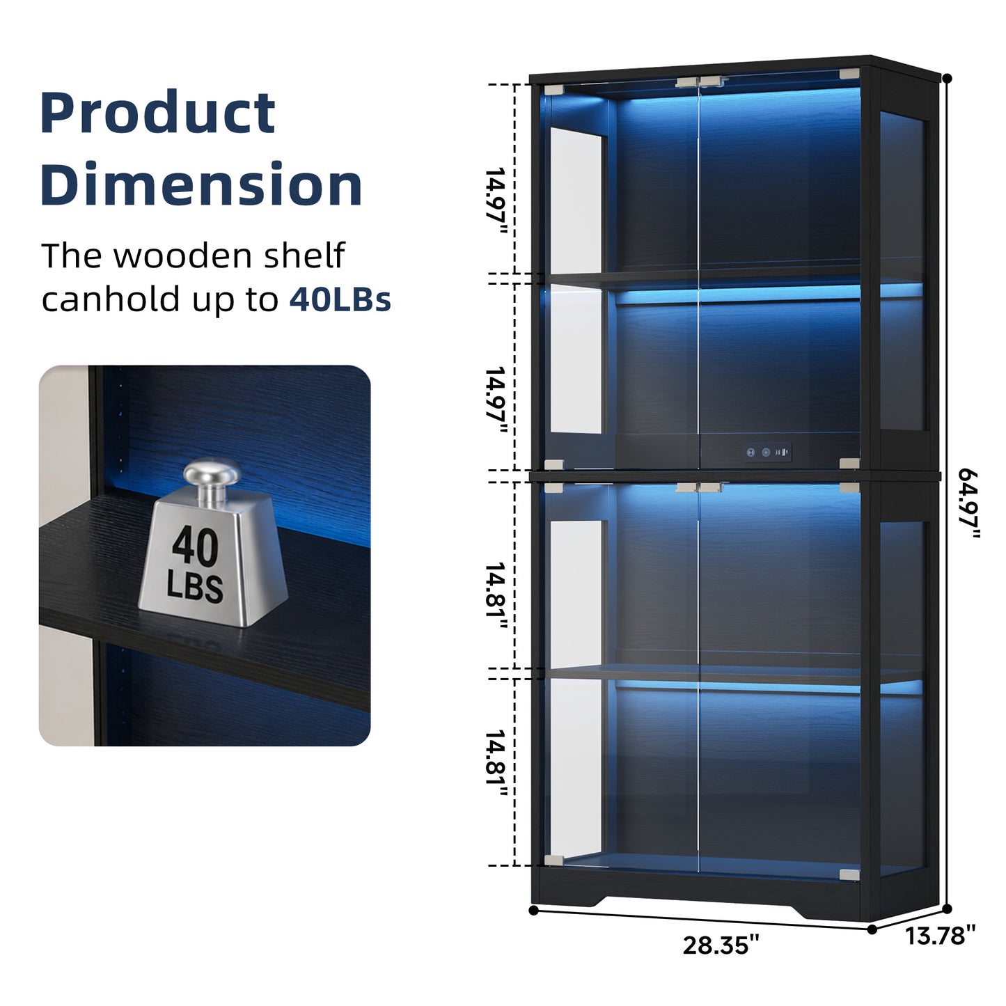 Black LED Display Cabinet with 4-Tier Tempered Glass Magnetic Doors, Tall Dustproof Curio Storage Shelf for Gundam Figures, Collectibles, Game Gear, Modern Display Rack for Gaming Room Bedroom