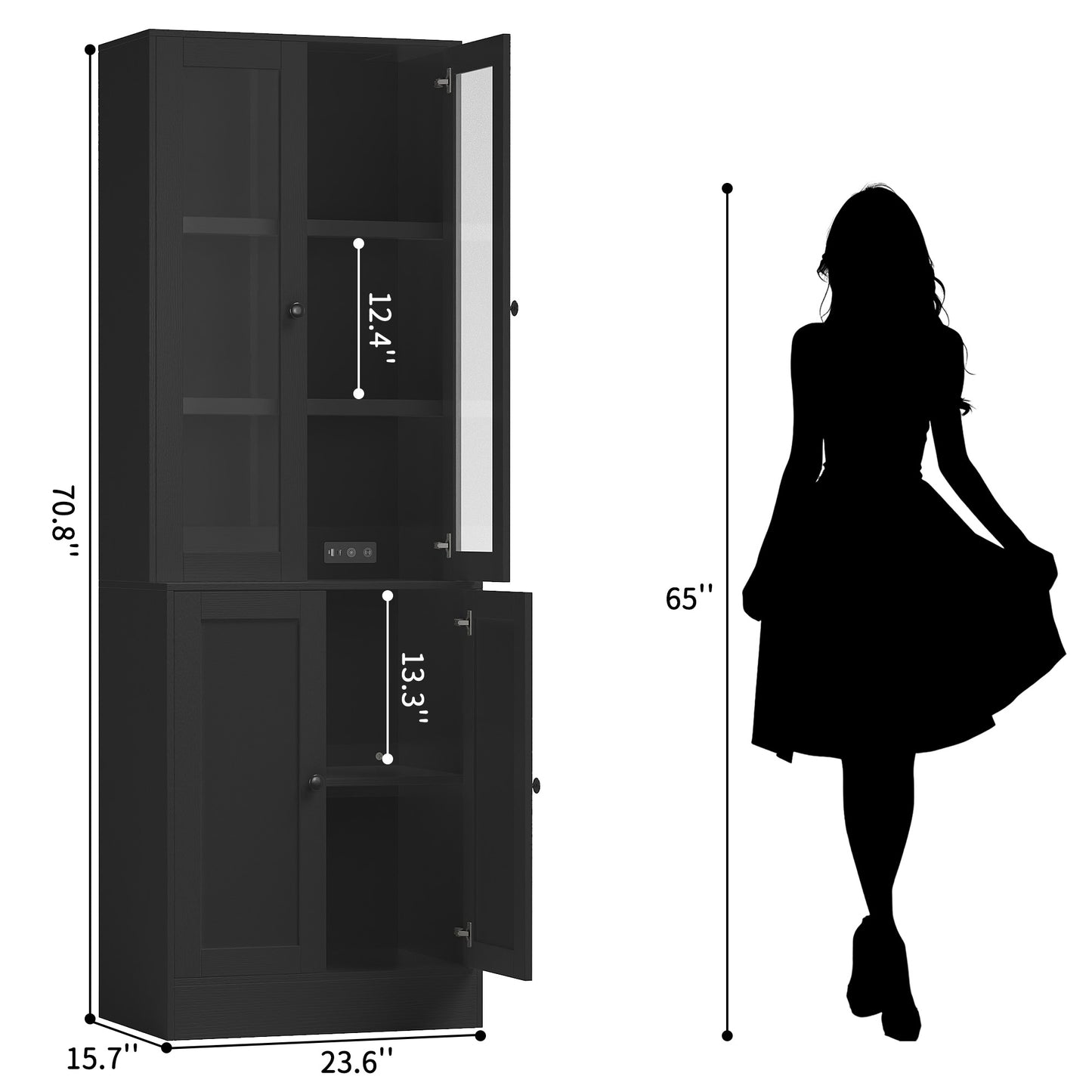 2Pcs 71" Bookshelf with Storage, Modern Bookshelves with 3 Large Drawer, Display Bookcase with Glass Doors, Modern DIY Mix Cabinet for Home Office, Dining Room (Black, BA)