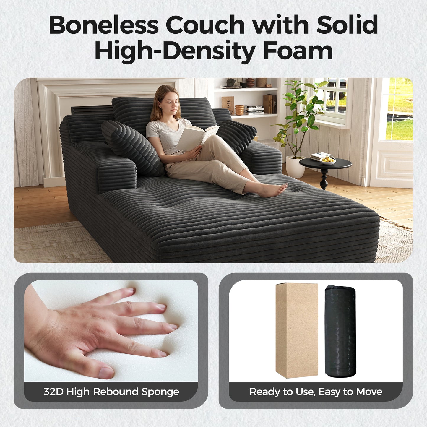 67'' Oversized Chaise Lounge Chair, Cloud Plush Corduroy Sofa Bed for Living Room, Modern Deep Seat Sleeper Couch with Back Cushion, No Assembly Required, (Deep Black)