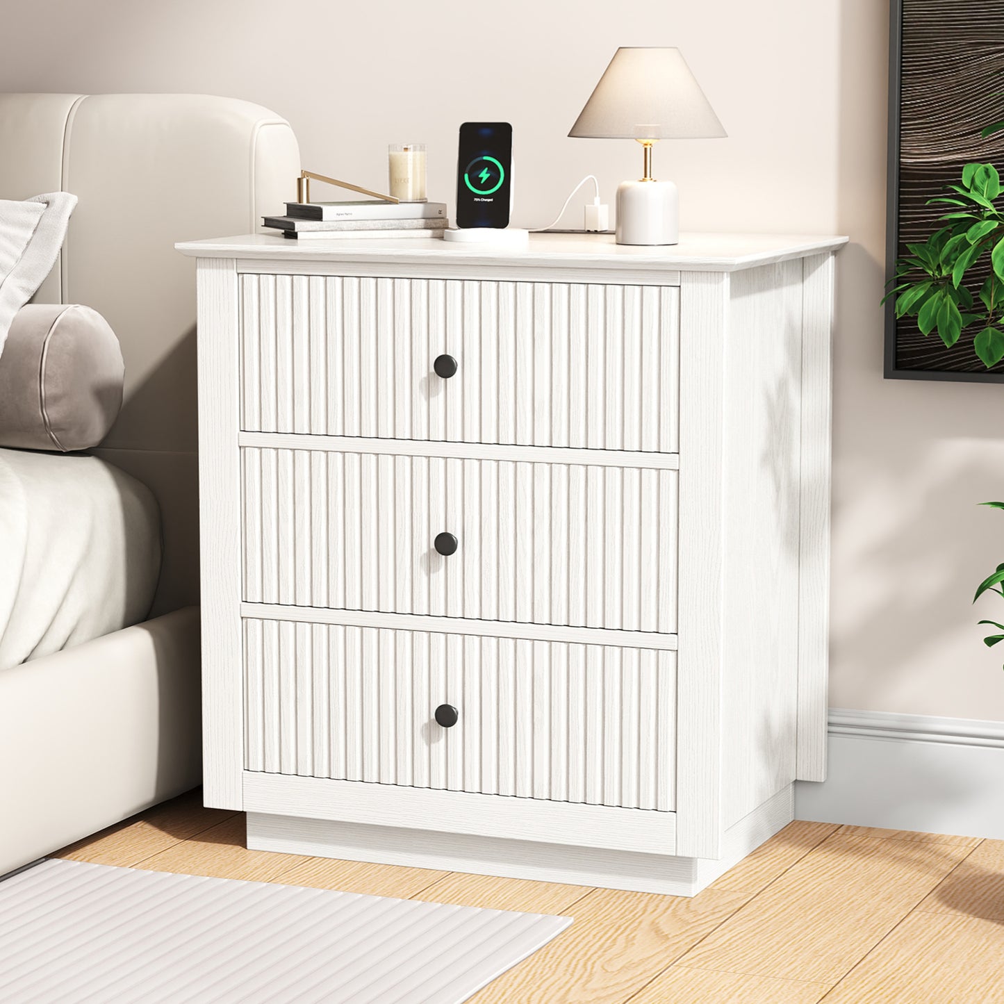 Modern Nightstand with Charging Station & 3 Drawers, 24 Inch Wide Bedside Table Set of 2 for Bedroom and Living Room, Large Storage End Table with Fluted Design, Green