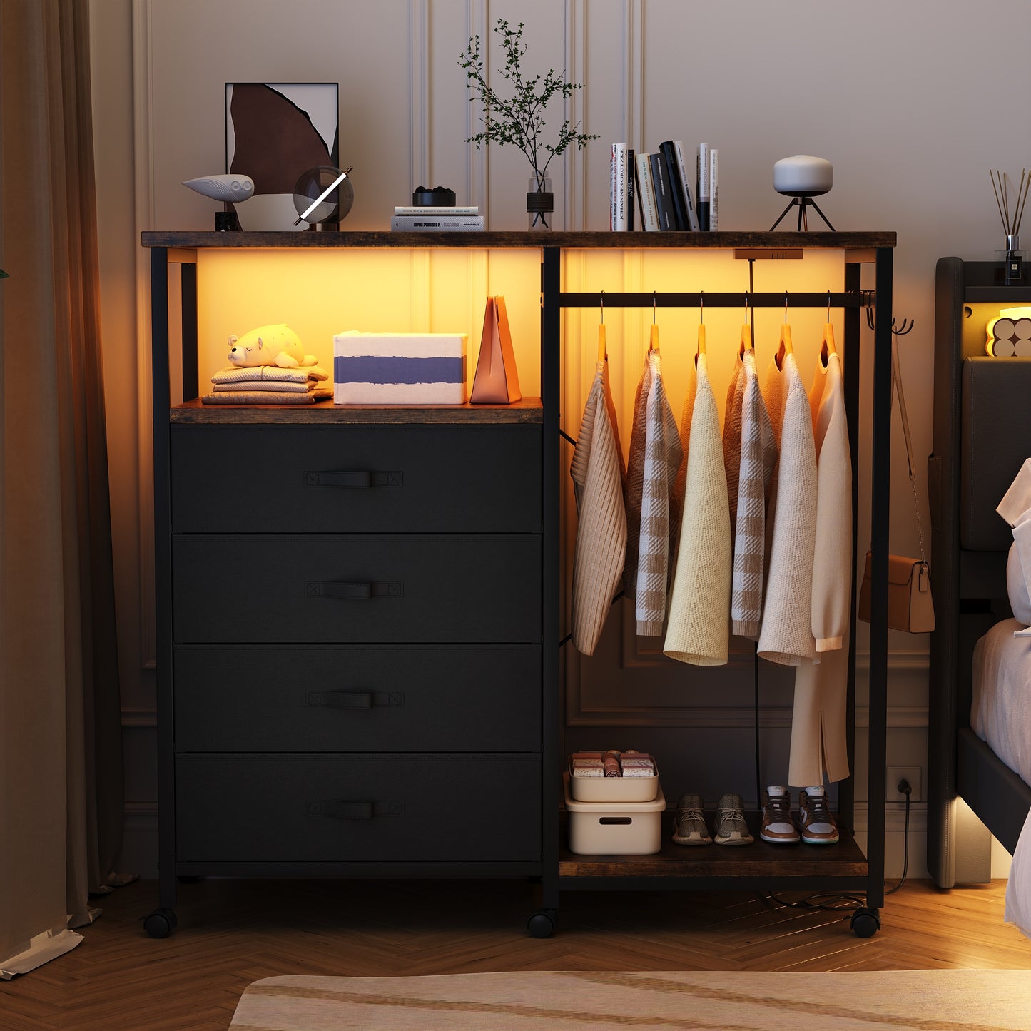 3-in-1 Dresser with Clothes Rack, 4 Drawers, Charging Station, LED Lights, and Wheels, Rustic Brown Storage Chest for Bedroom, Living Room, Hallway（Ember Brown）