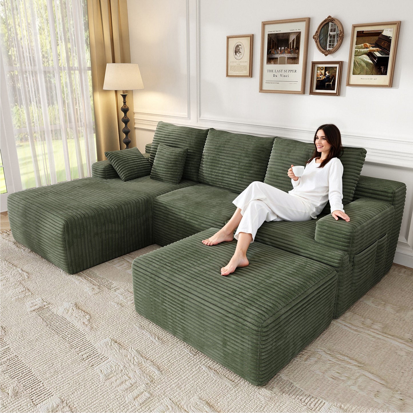 Oversized Sofa Ottoman Footrest, Matching Cushion for L-Shaped Sofa to Create U-Shaped Sectional , Large Seat Stool, High Resilience Foam & Corduroy Fabric, for Living Room Bedroom, (Sage Green)