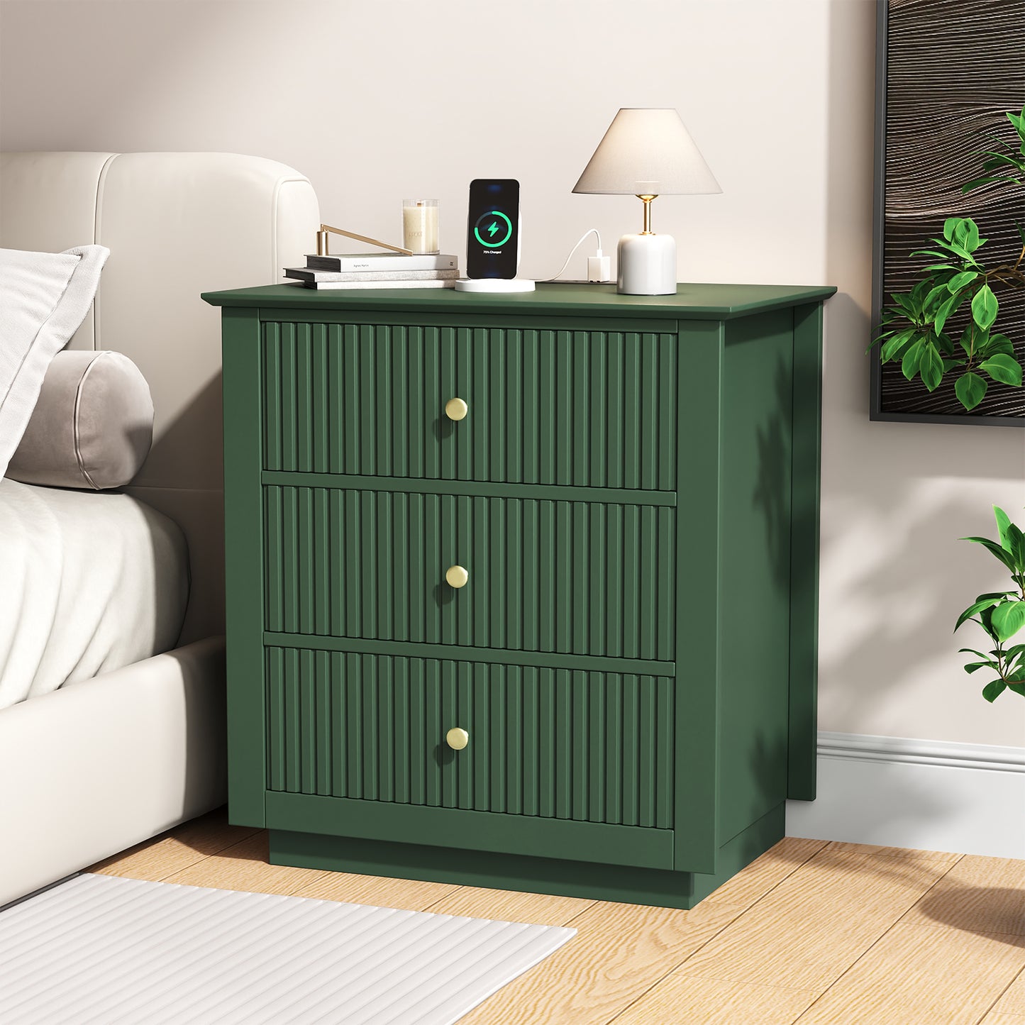 Modern Nightstand with Charging Station & 3 Drawers, 24 Inch Wide Bedside Table Set of 2 for Bedroom and Living Room, Large Storage End Table with Fluted Design, Green