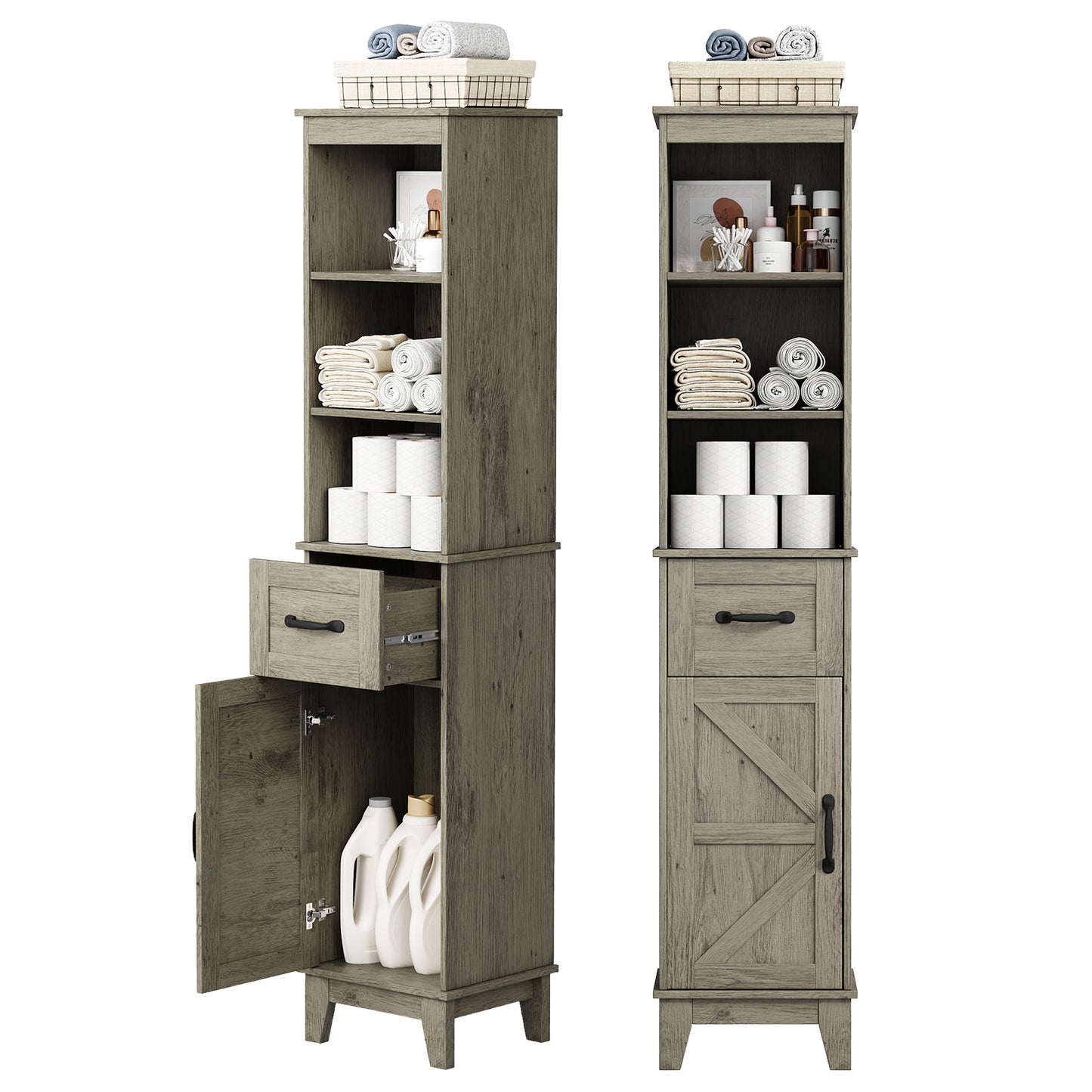 63” Tall Bathroom Storage Cabinet, Freestanding Linen Cabinet, Narrow Bathroom Storage with Barn Door and Drawer, Gray