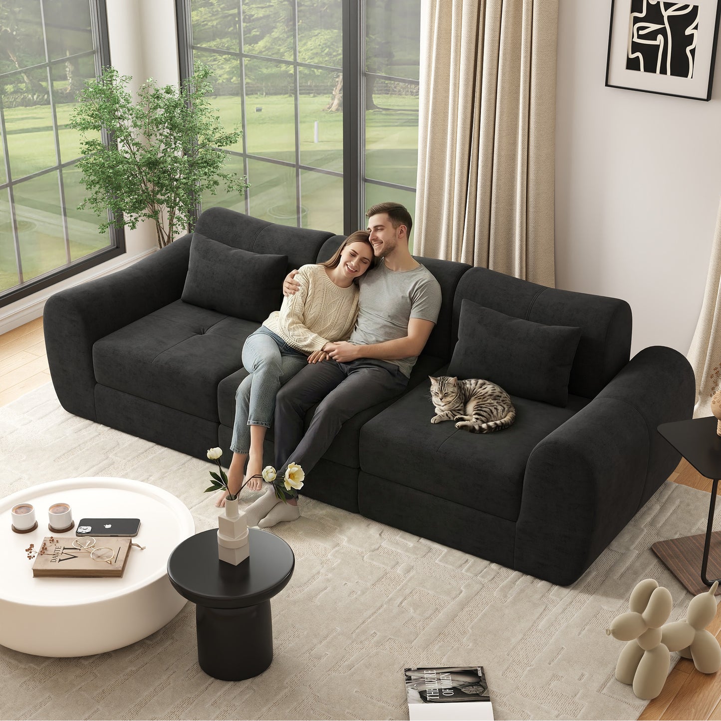 NEGYLIM 102" Modular Sectional Sofa, Chenille Cloud Sofa with Throw Pillows, Oversized Deep Seat Couch, Pet Friendly, No Assembly Required, Black