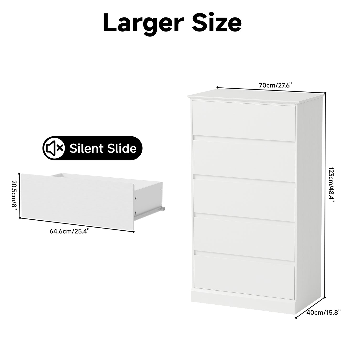 5 Drawer Dresser for Bedroom, 15.8" D x 27.6" W x 48.4" H in Simply Modern Chest of Drawers, Wood Storage Dresser with Deep Drawers for Living Room Hallway Entryway, White