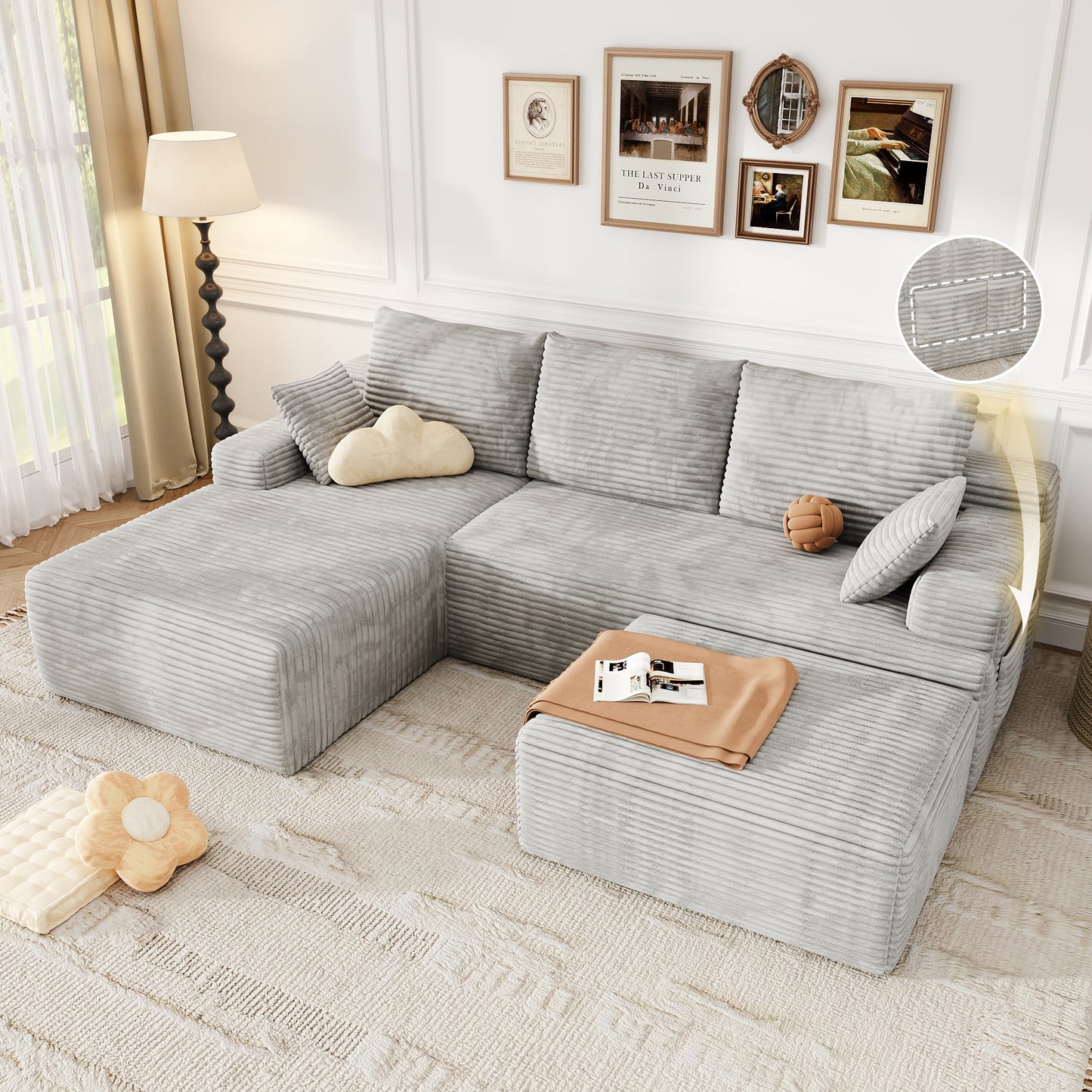 Oversized Sofa Ottoman Footrest, Matching Cushion for L-Shaped Sofa to Create U-Shaped Sectional , Large Seat Stool, High Resilience Foam & Corduroy Fabric, for Living Room Bedroom, (Oyster White)