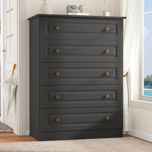 NEGYLIM 5 Drawer Dresser Tall, Modern White Chest of Drawers with Anti-Tip, Large Storage for Bedroom, Hallway, Entryway, (Black)