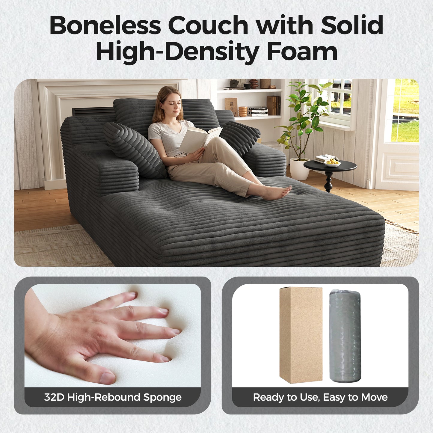 67'' Oversized Chaise Lounge Chair, Cloud Plush Corduroy Sofa Bed for Living Room, Modern Deep Seat Sleeper Couch with Back Cushion, No Assembly Required, (Charcoal)