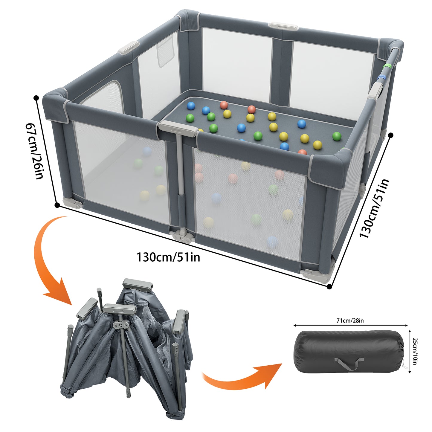 Baby Playpen 51" x 51", Play Pens for Babies and Toddlers Baby Fence Play Yards for Indoor & Outdoor with Breathable Mesh Anti-Fall Playpen, Gray