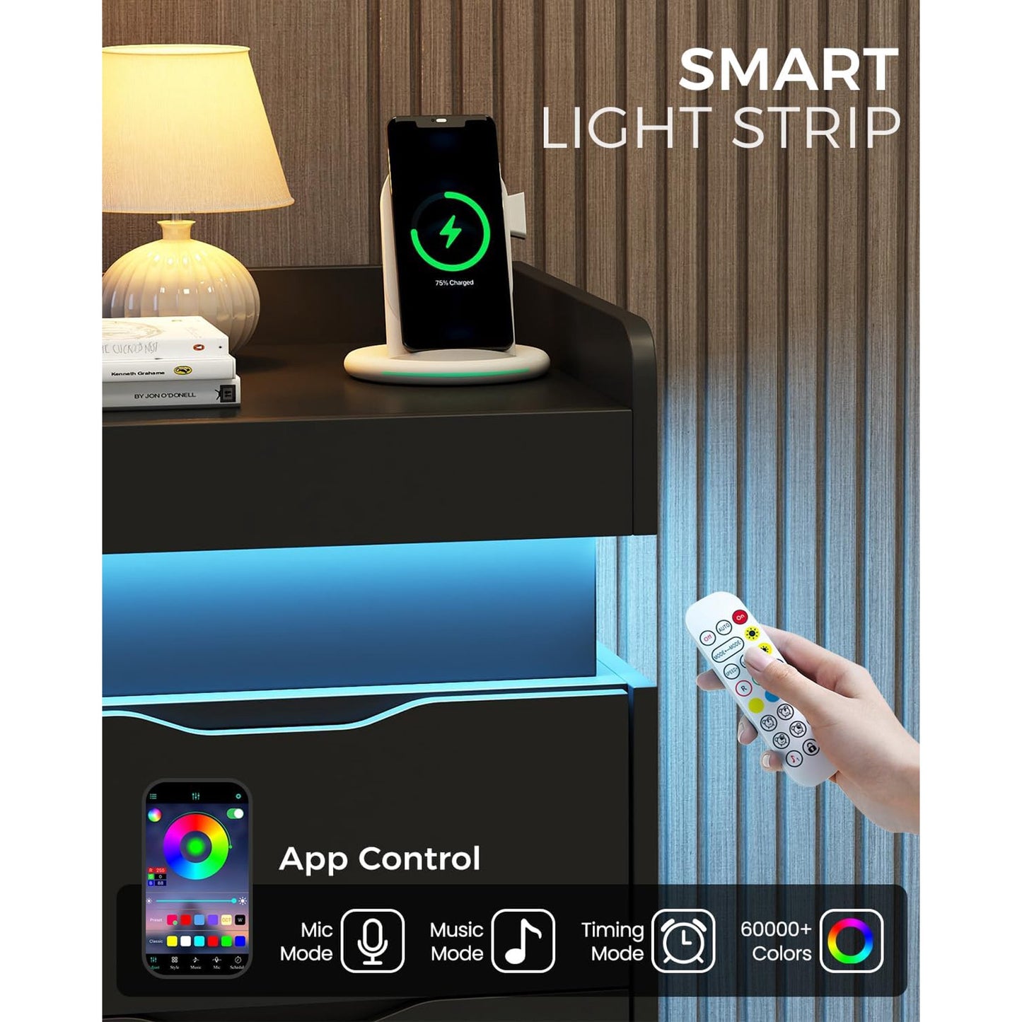 NEGYLIM Bedside Table Set (2 Pieces), Modern Style, with 3 Drawers, Large Capacity, Multi-Color LED Lights & Charging Station, Bedroom Side Table