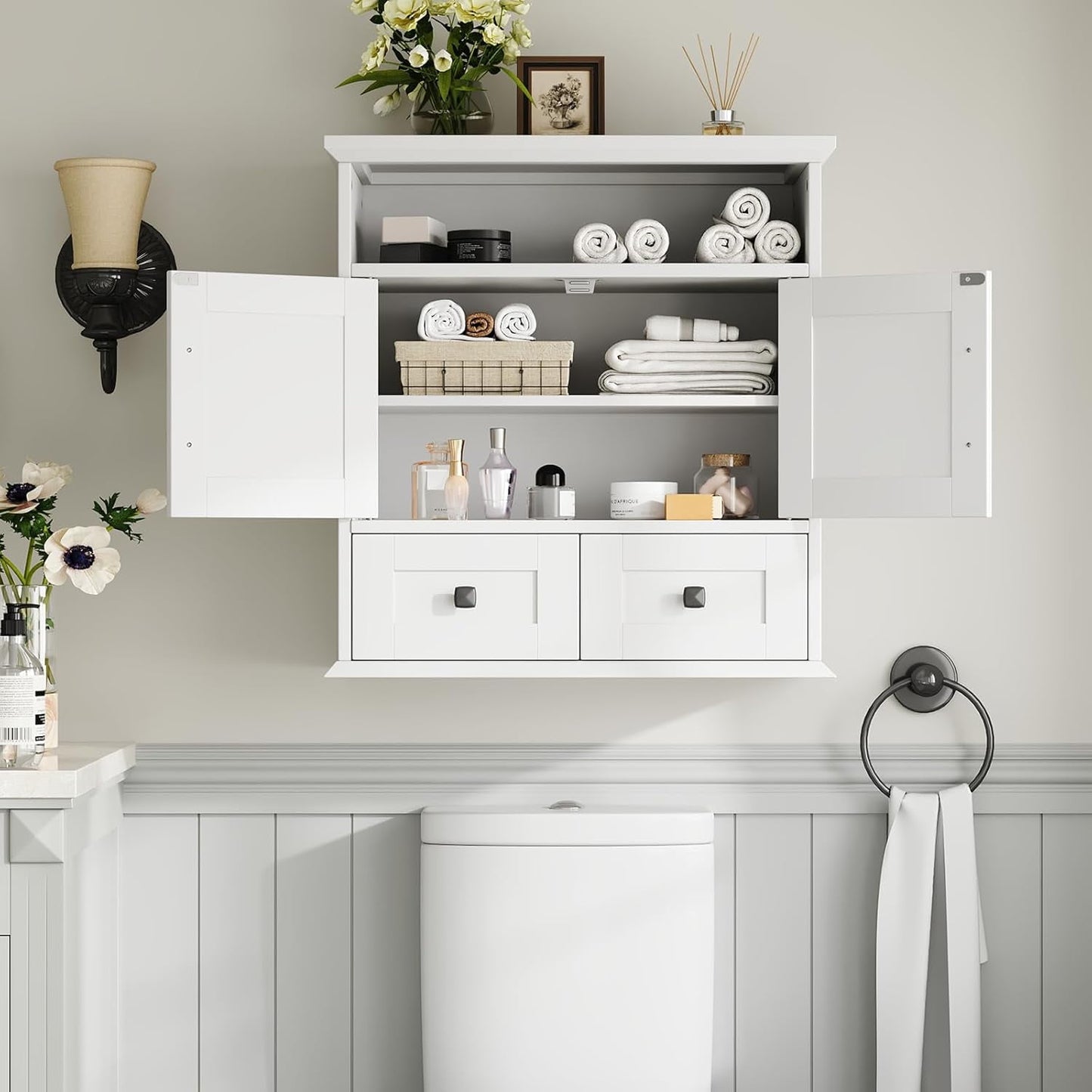 NEGYLIM Wall-Mounted Bathroom Cabinet with Barn Doors, Adjustable Shelf, 2 Drawers, Rustic Modern Style Storage Organizer for Toilet, Bathroom, Laundry Room, White