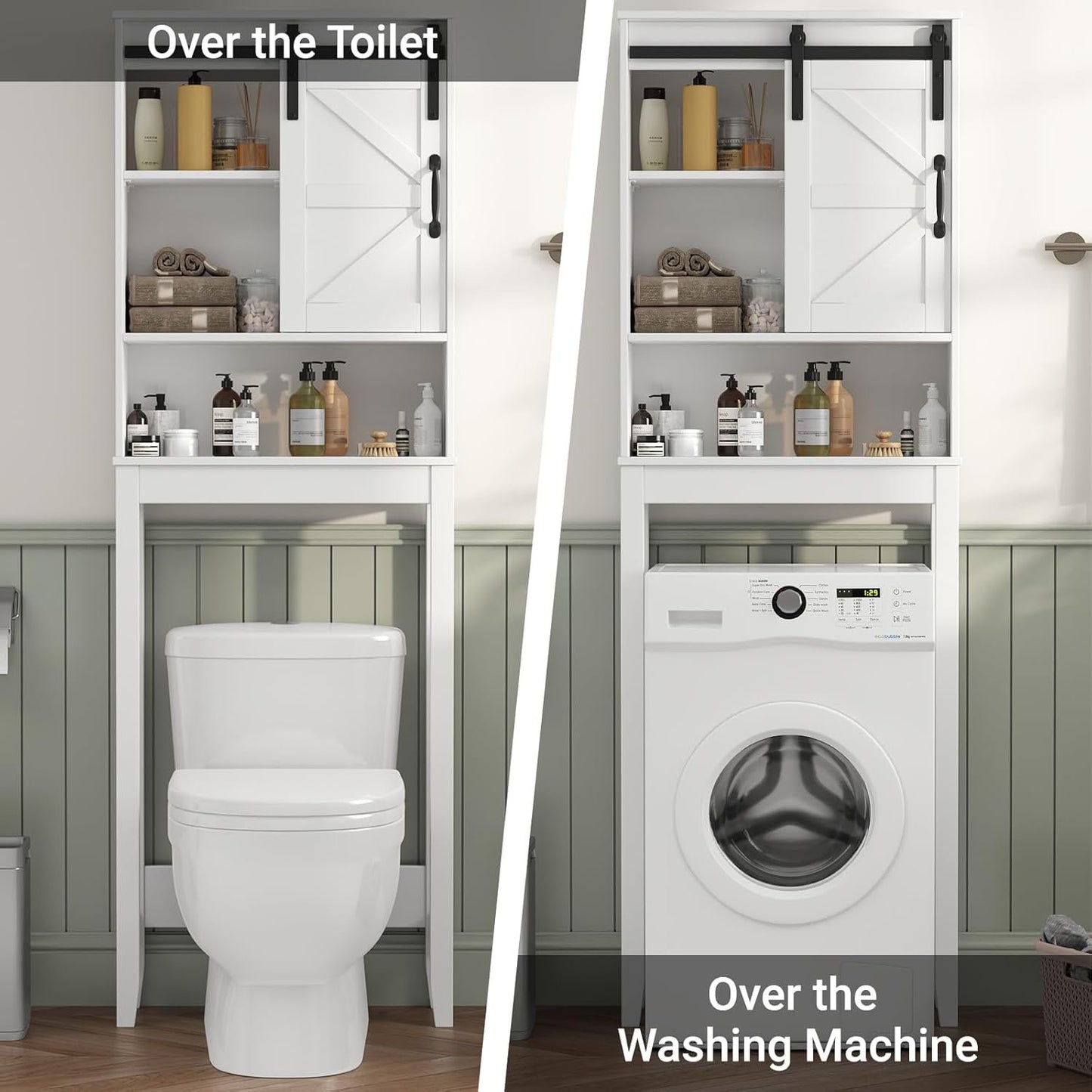 Over the Toilet Storage Cabinet with Sliding Barn Door, Anti-Tipping Design, Waterproof, Adjustable Shelves for Bathroom/Laundry Room Organization