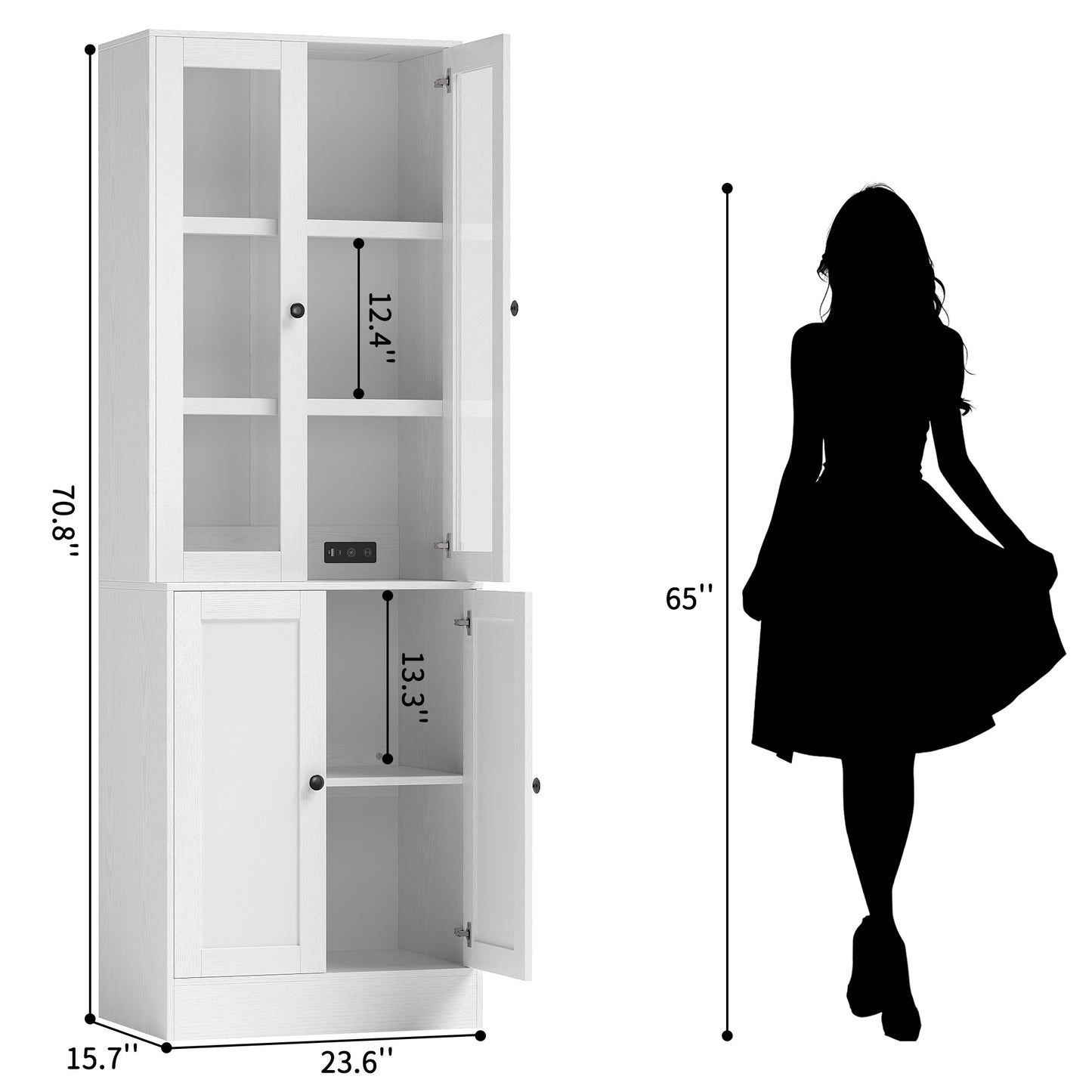2Pcs 71" Bookshelf with Storage, Modern Bookshelves with 3 Large Drawer, Display Bookcase with Glass Doors, Modern DIY Mix Cabinet for Home Office, Dining Room (White, BA)