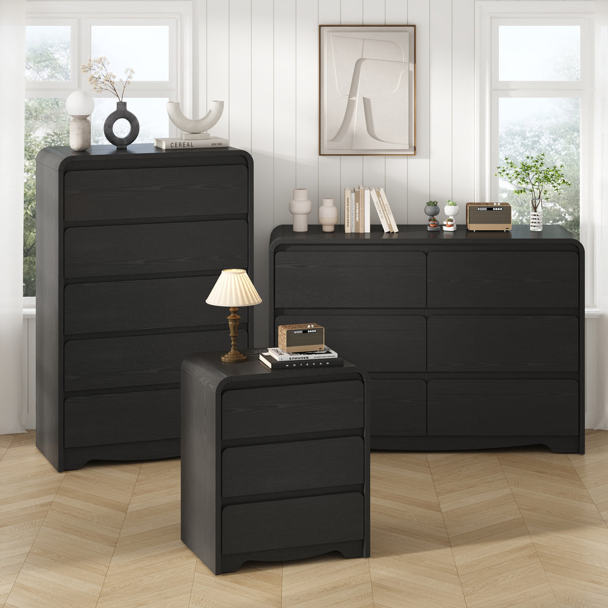 3-Piece Black Dresser Set, 6 Drawer Dresser, 5 Drawer Dresser & Nightstand, Modern Chest of Drawers, Tall dresser for Bedroom Living Room Hallway Entryway,(Black)