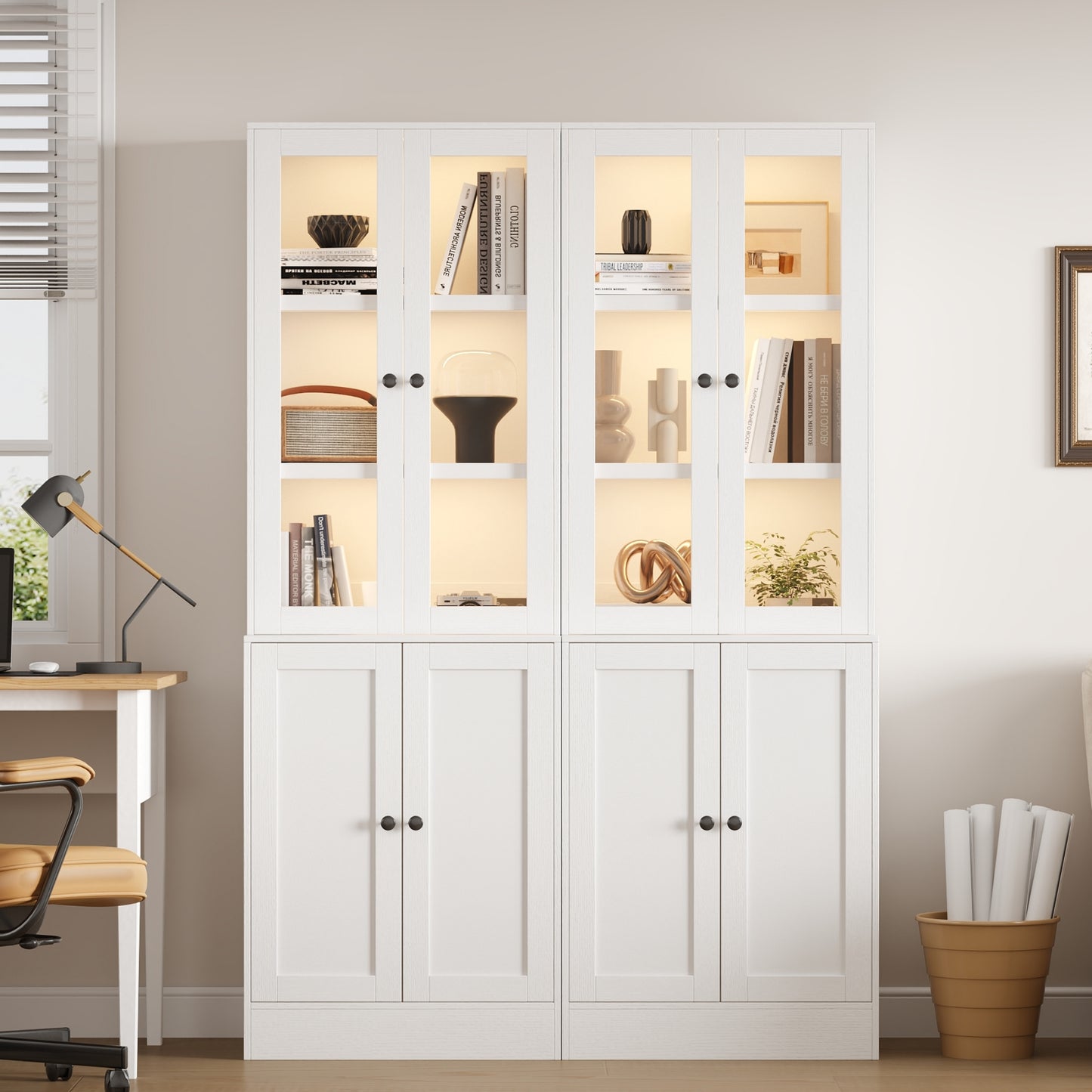 NEGYLIM 71" Bookcase with Glass Door,Display Bookshelves with Charging Station & Adjustable LED Lights,Modern Bookcase for Living Room,Bedroom,Home Office (White B)