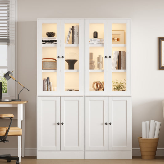 NEGYLIM 2PCS 71" Bookcase with Glass Door,Display Bookshelves with Charging Station & Adjustable LED Lights,Modern Bookcase for Living Room,Bedroom,Home Office (White BB)