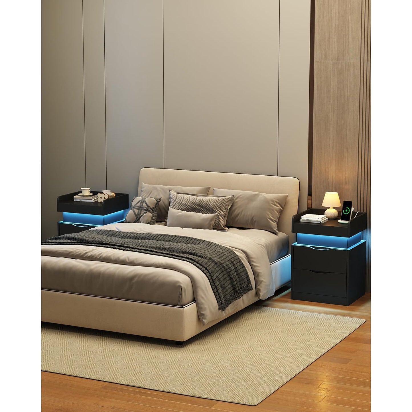 NEGYLIM Bedside Table Set (2 Pieces), Modern Style, with 3 Drawers, Large Capacity, Multi-Color LED Lights & Charging Station, Bedroom Side Table