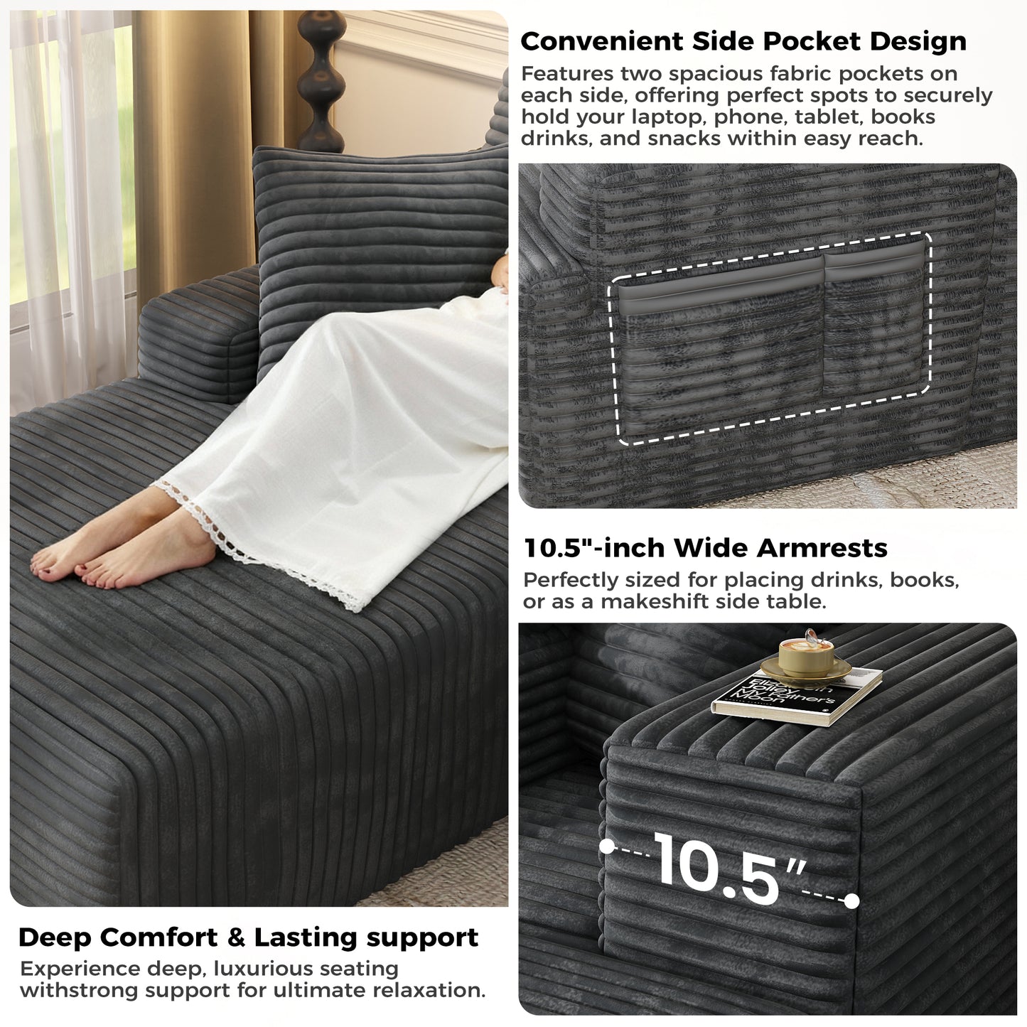 Oversized Sofa Ottoman Footrest, Matching Cushion for L-Shaped Sofa to Create U-Shaped Sectional , Large Seat Stool, High Resilience Foam & Corduroy Fabric, for Living Room Bedroom, (Charcoal)