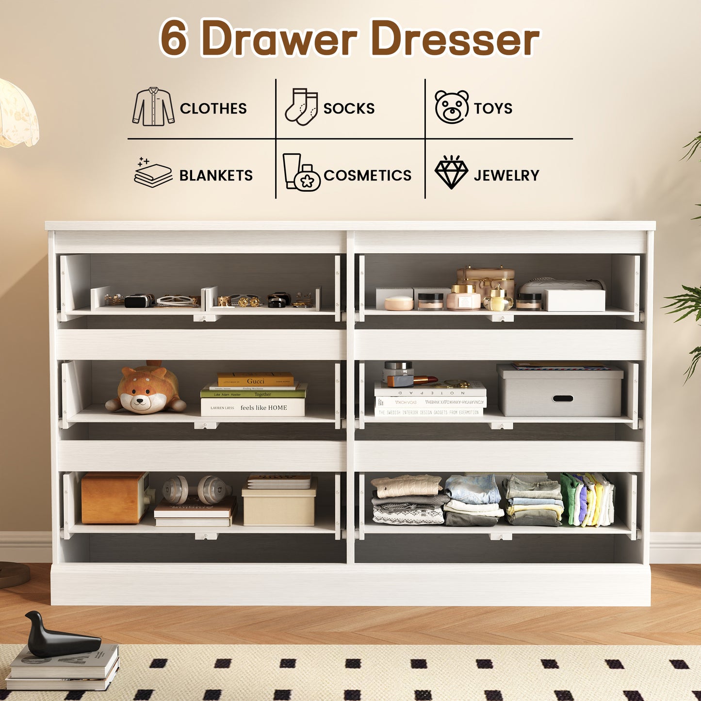 NEGYLIM 6 Drawer Dresser, Chest of Drawers for Bedroom, Modern Storage Cabinet Dresser Organizer Unit for Living Room, Closet, Hallway