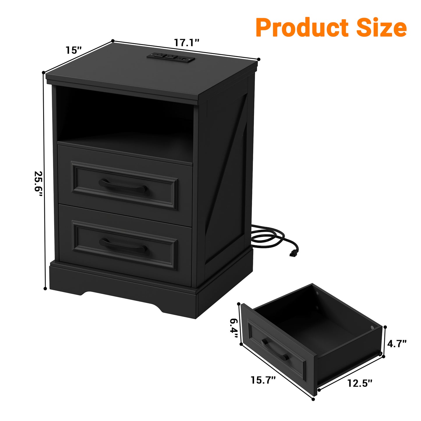 NEGYLIM 2-Piece Nightstand, Farmhouse End Table with Charging Station, 2 Drawers Storage for Bedroom