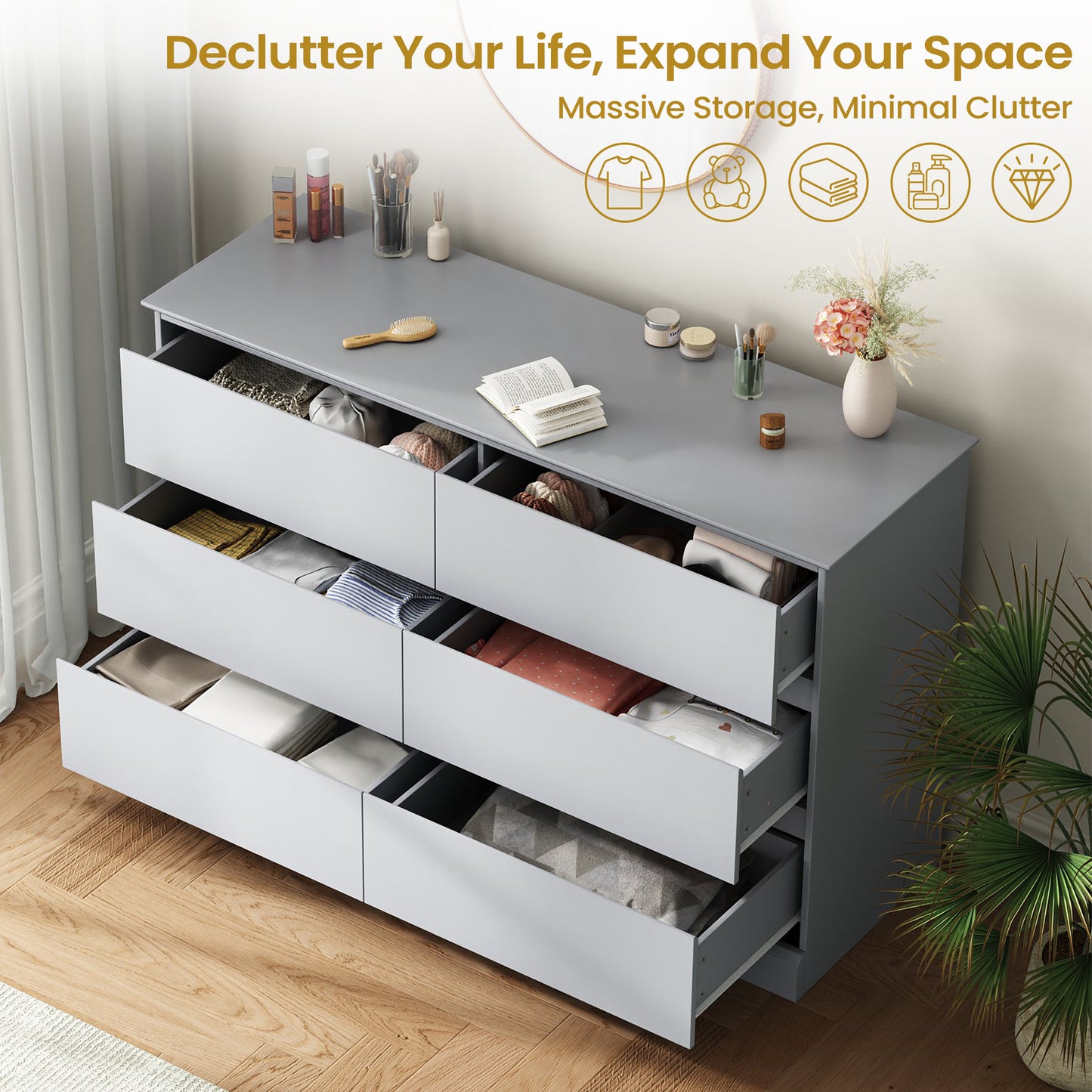 6 Drawer Dresser for Bedroom, White Dresser Double Chest of Drawers, Modern Wood Dressers with Deep Drawers for Living Room,Gray