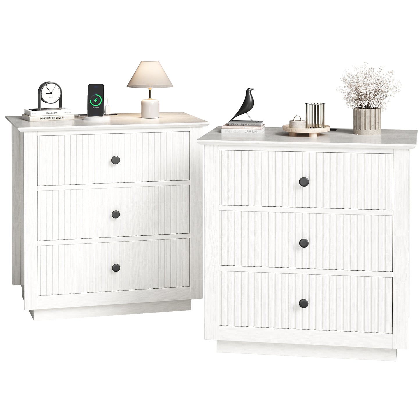 Modern Nightstand with Charging Station & 3 Drawers, 24 Inch Wide Bedside Table Set of 2 for Bedroom and Living Room, Large Storage End Table with Fluted Design, Green