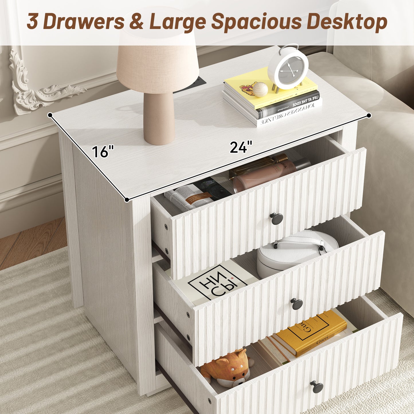 Modern Nightstand with Charging Station & 3 Drawers, 24 Inch Wide Bedside Table Set of 2 for Bedroom and Living Room, Large Storage End Table with Fluted Design, White